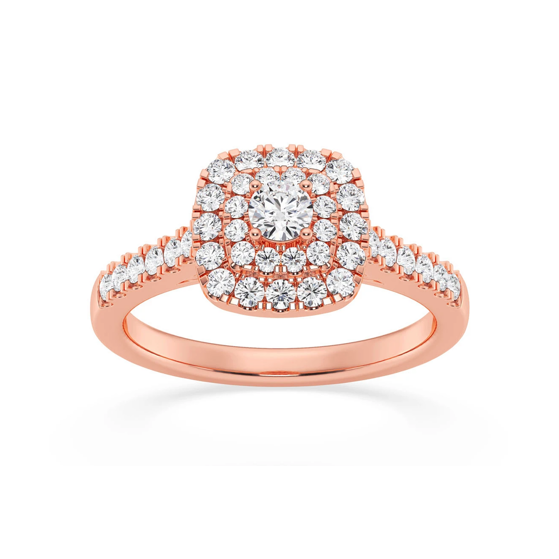 Three Layer Square Halo Engagement Ring in 14K rose gold, angled view