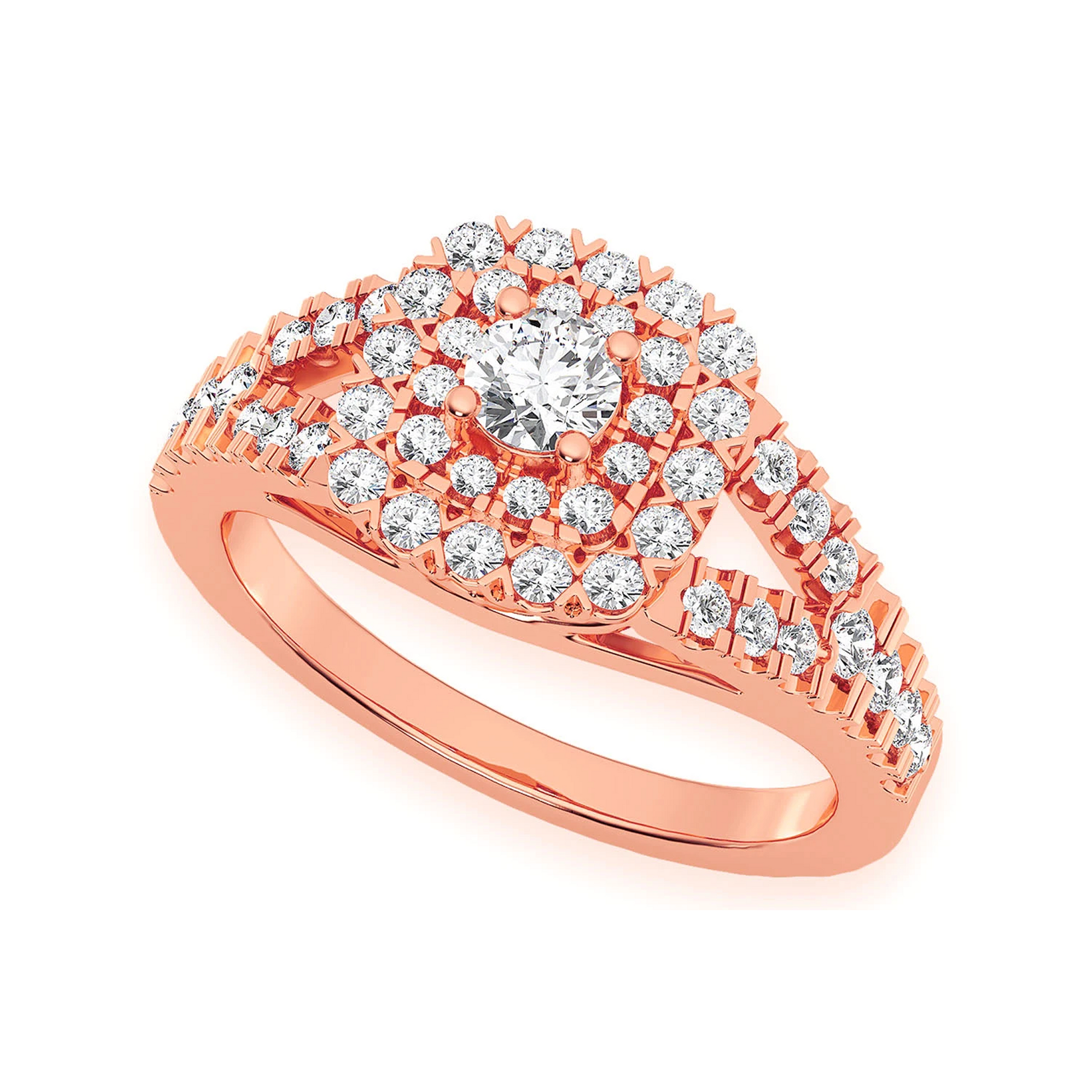 Cushion Double Halo Split Shank Ring in 14K rose gold, angled view