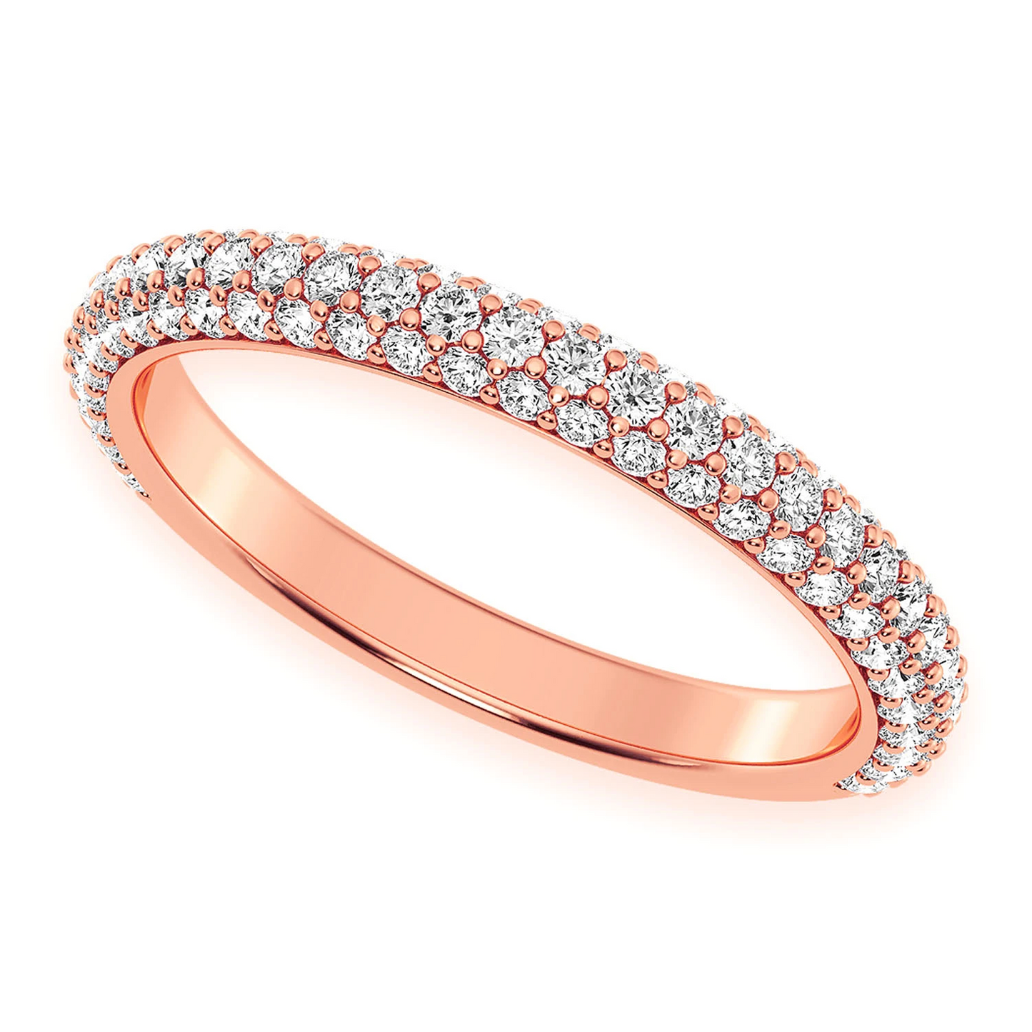 Thin Three Row Pavé Diamond Ring in 14K rose gold, angled view