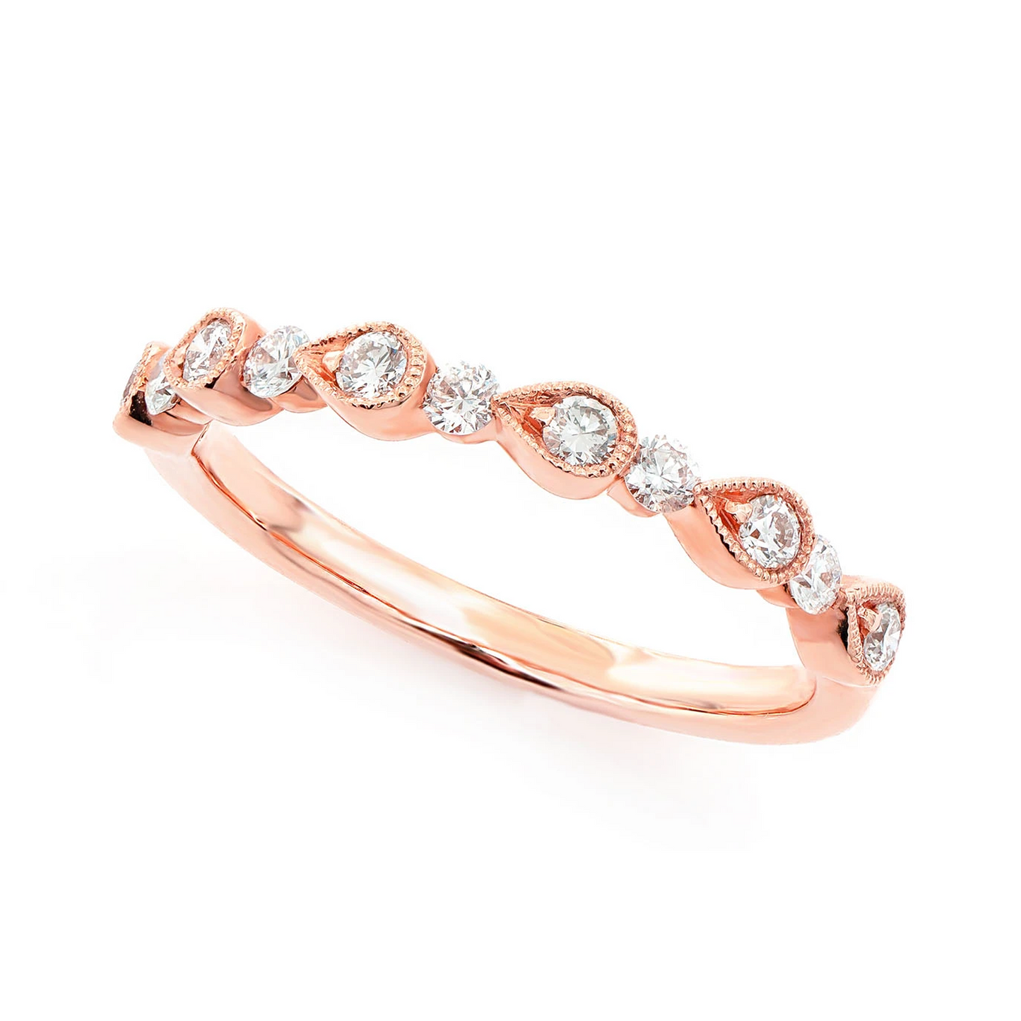 Round & Pear Bezel Stackable Diamond Ring in 14K rose gold, detail view