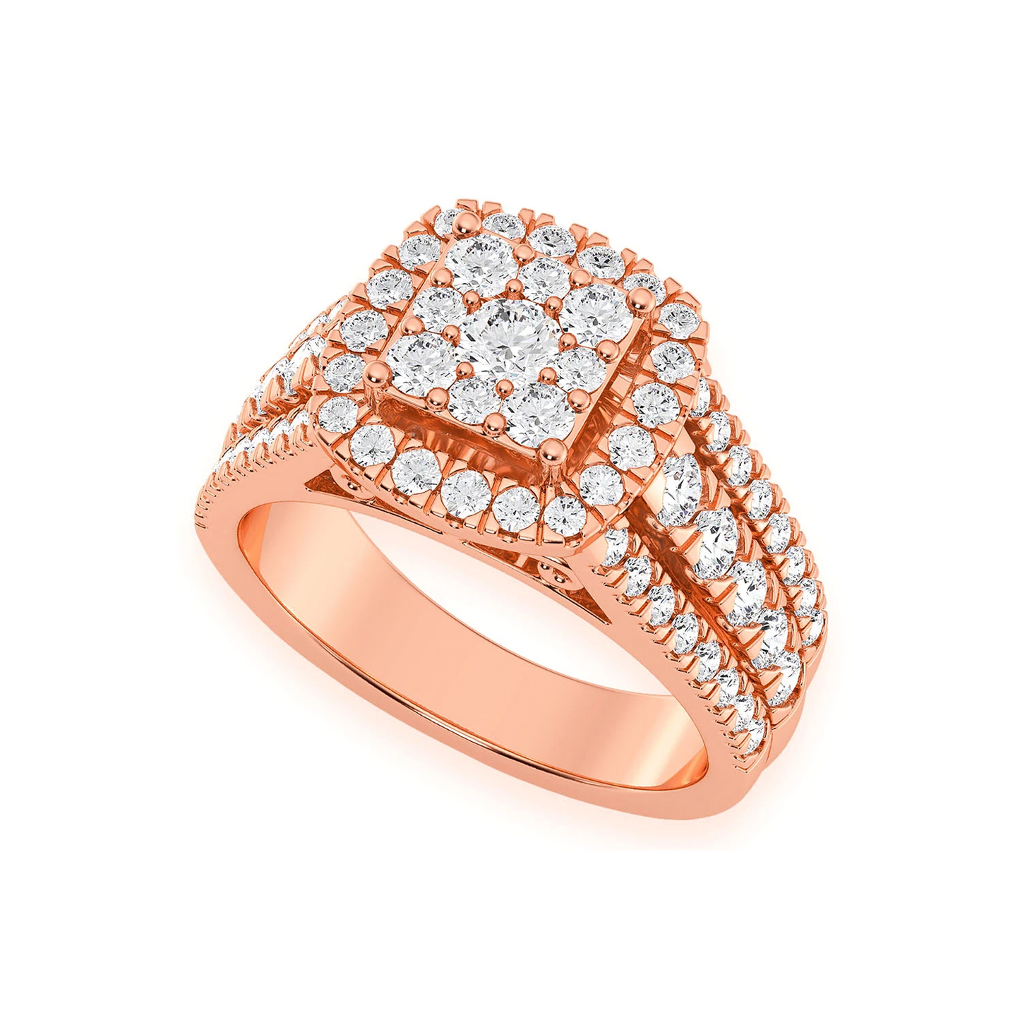 Three Row Cluster Halo Diamond Ring in 14K rose gold, angled view