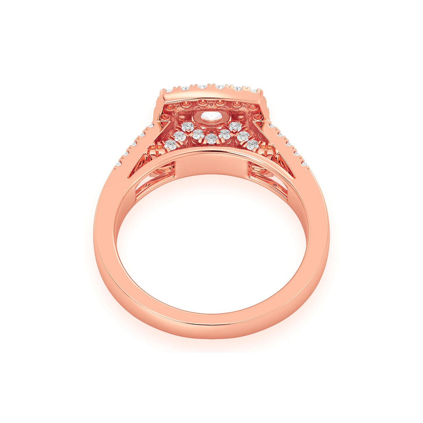 Princess Cut Double Halo Split Shank Ring in 14K rose gold, alternate view