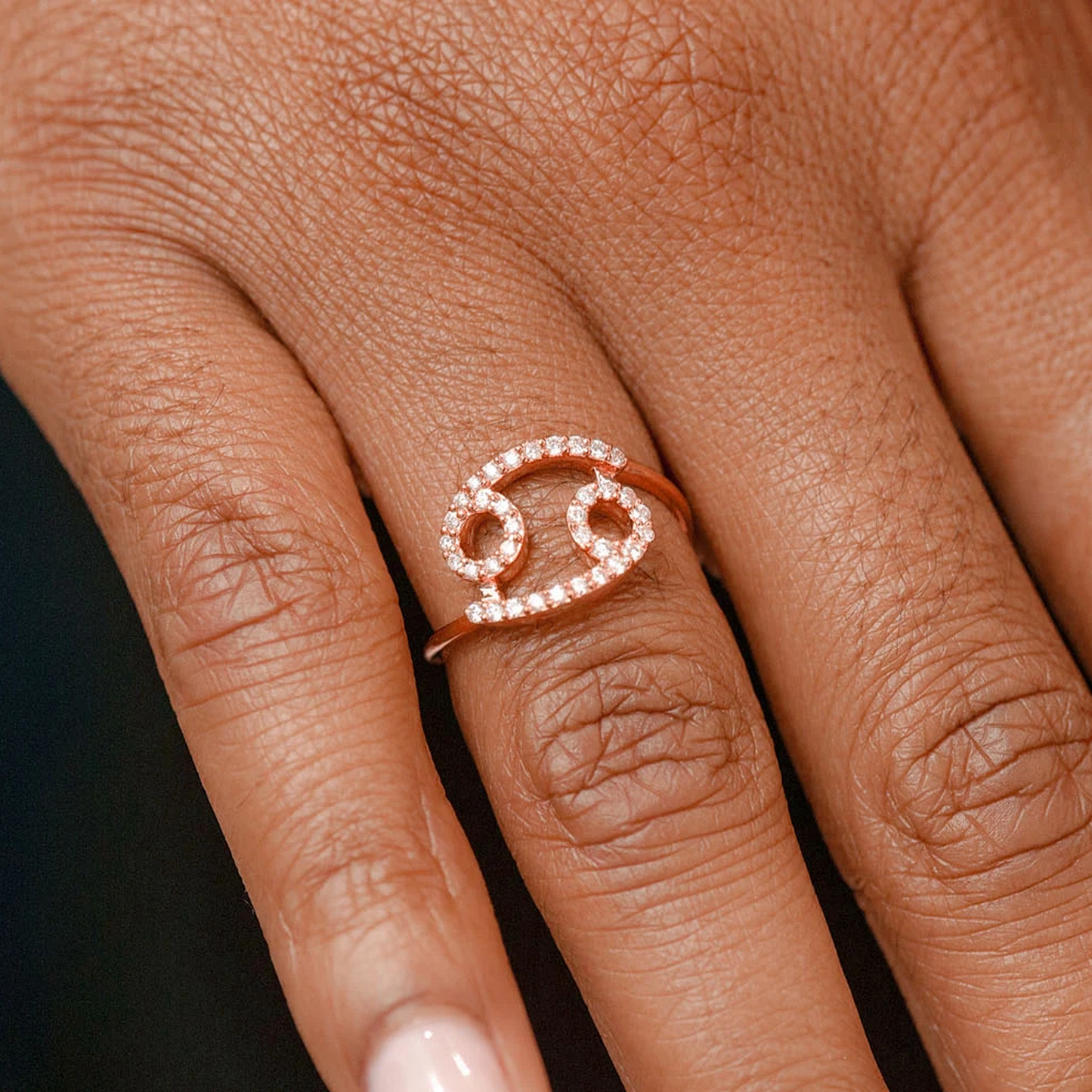Zodiac Diamond Ring in 14K rose gold, Cancer design, alternate view