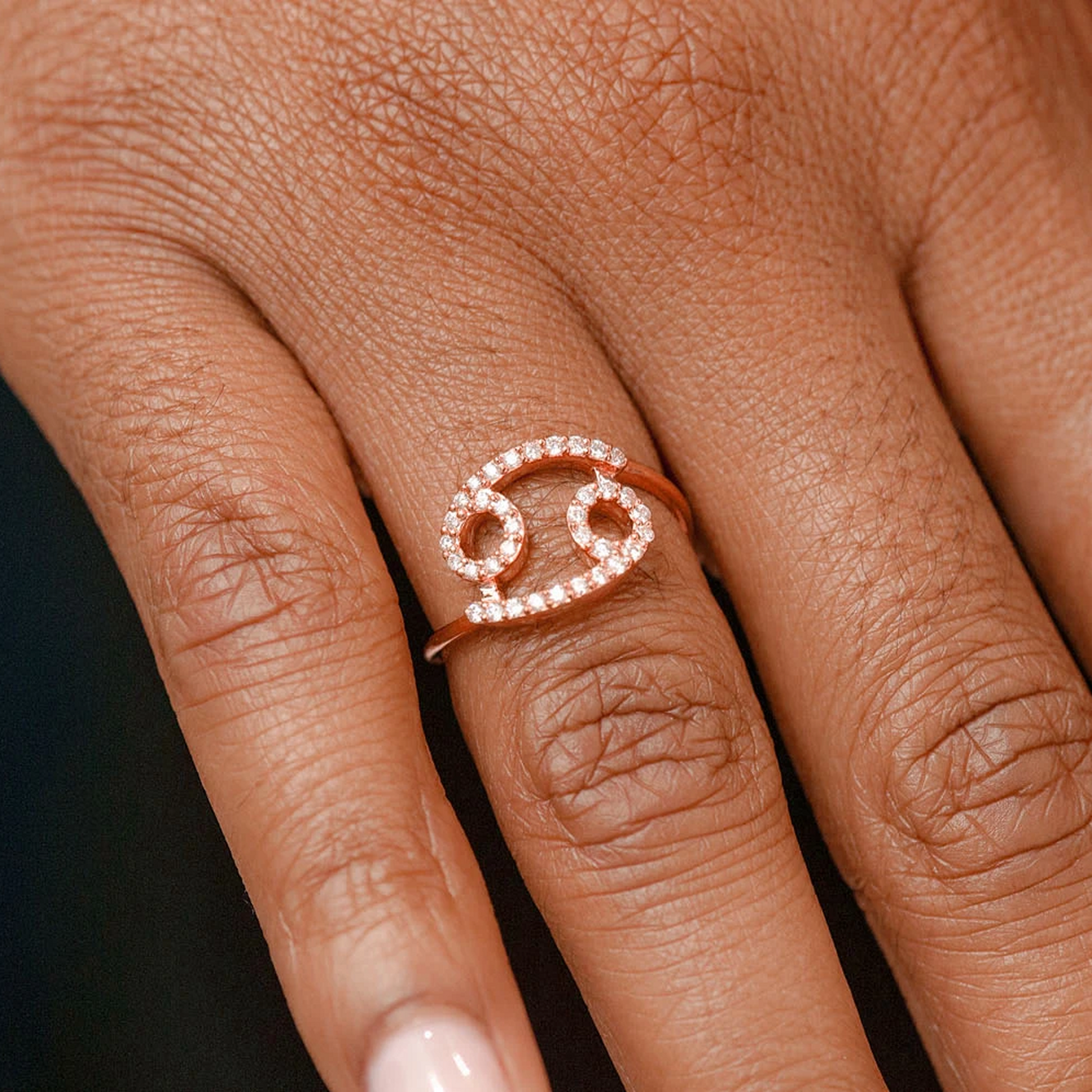 Zodiac Diamond Ring in 14K rose gold, Cancer design, alternate view