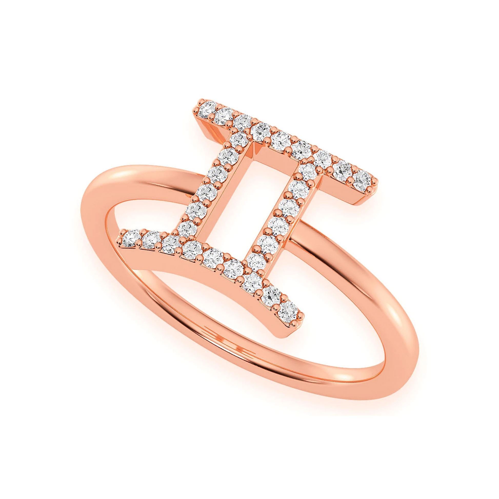 Zodiac Diamond Ring in 14K rose gold, Gemini design, detail view