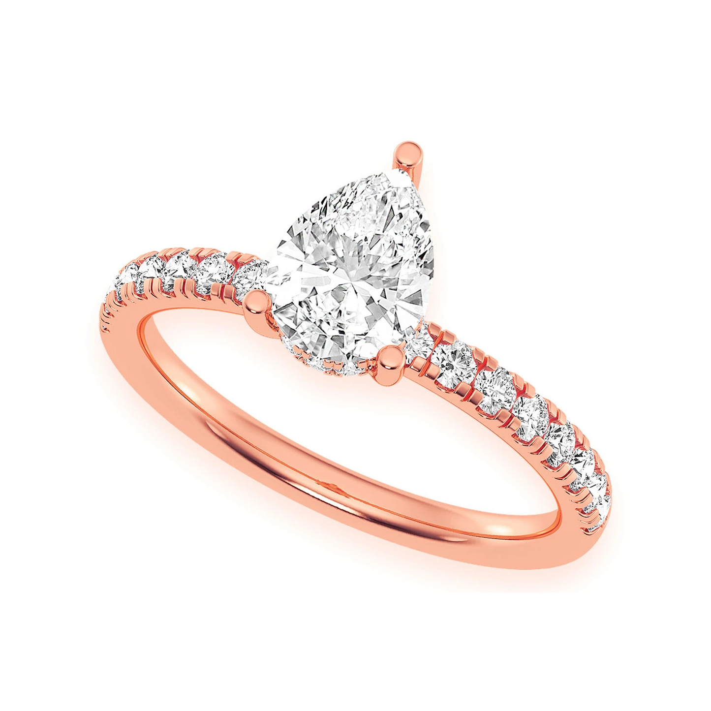 Pear Solitaire One Row Under Halo Ring in 14K rose gold, angled view