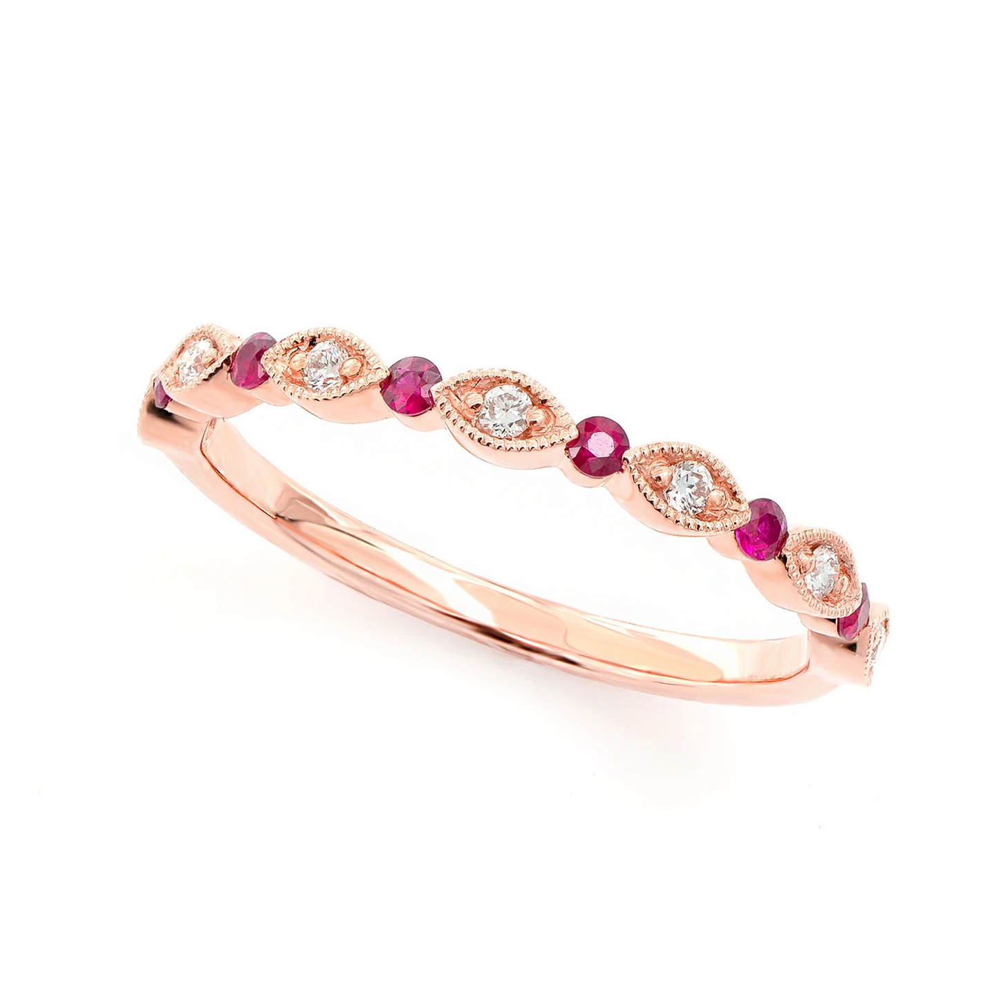 Ruby Diamond Stackable Band Ring in 14K rose gold, angled view