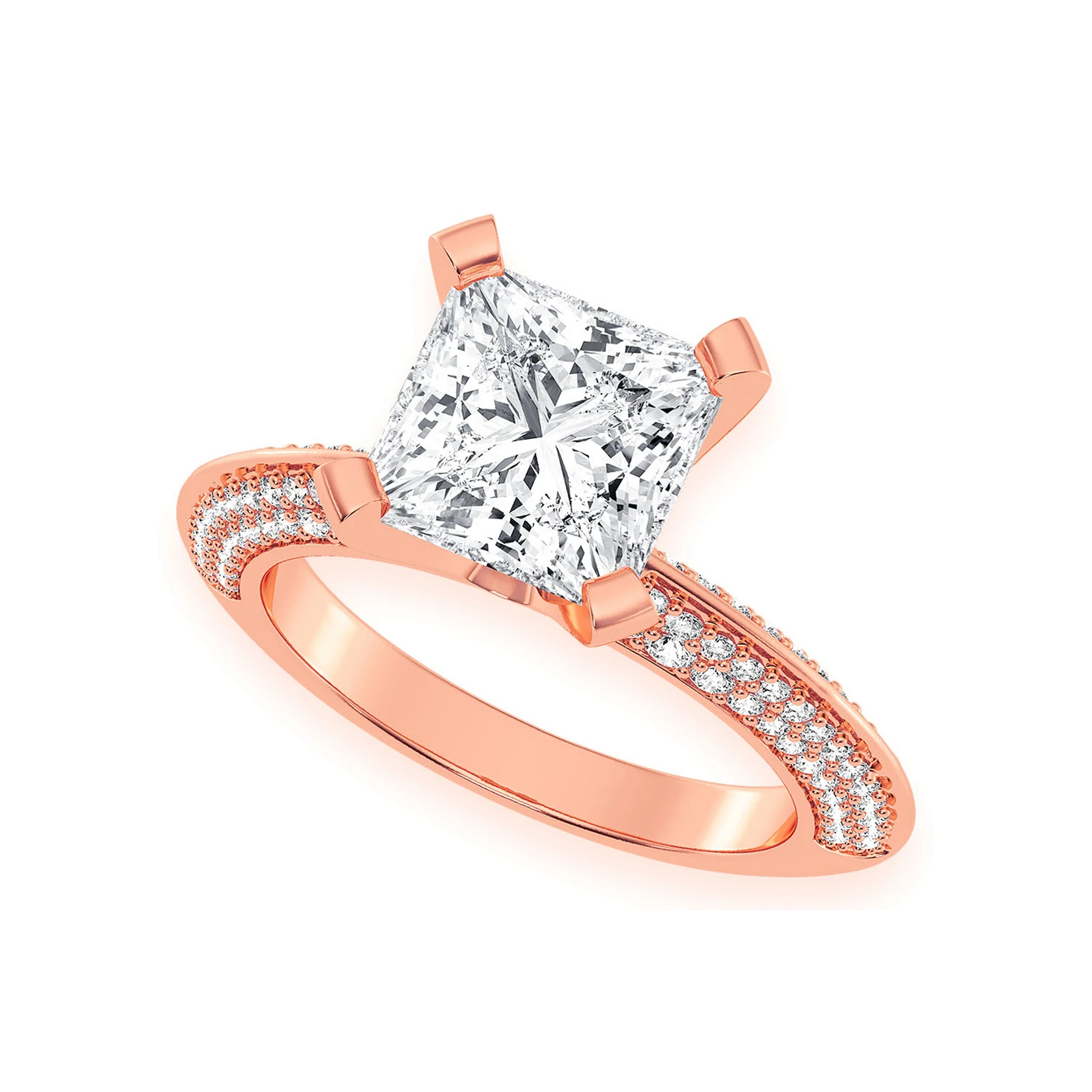 2ct Princess Cut Solitaire Knife Edge Engagement Ring in 14K rose gold, angled view