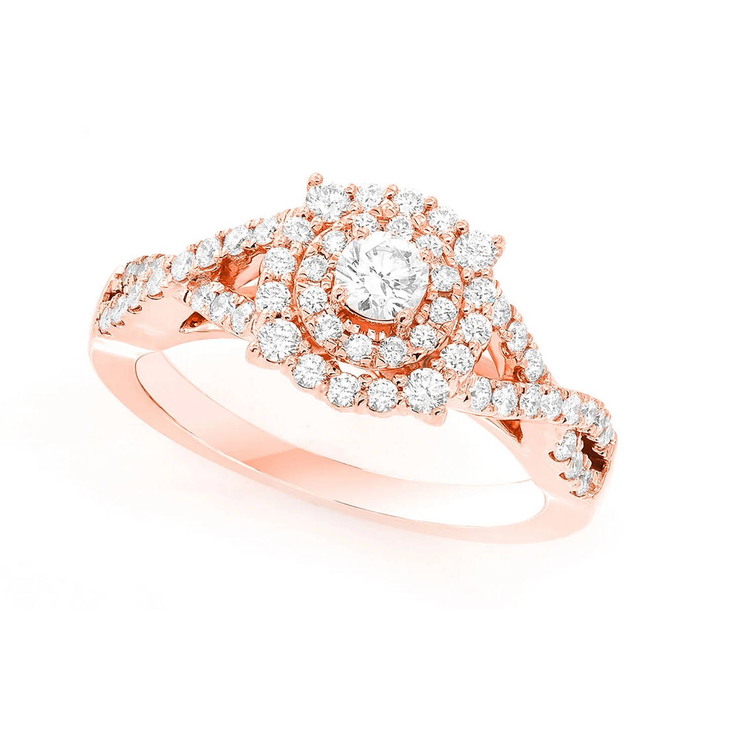 Split Shank Unique Halo Diamond Engagement Ring in 14K rose gold, angled view