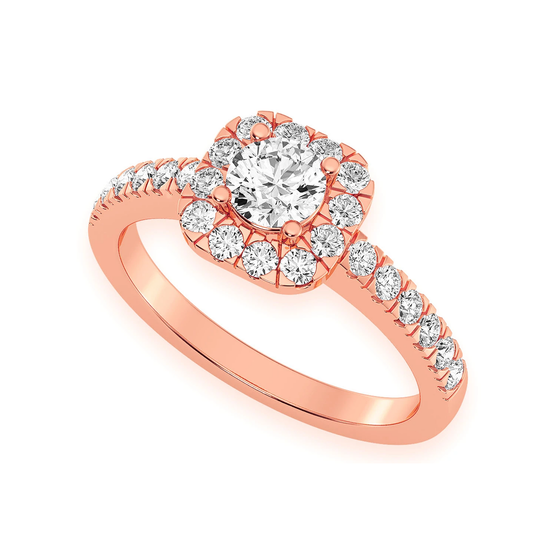 Square Halo Diamond Engagement Ring in 14K rose gold, angled view