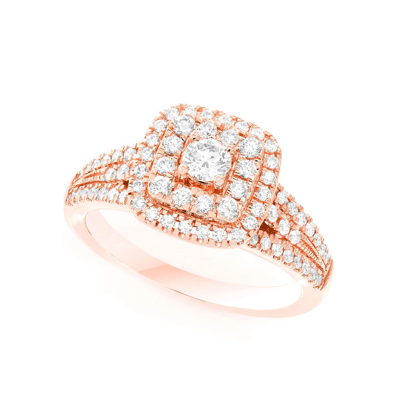 Classic Two Tier Cushion Halo Diamond Ring in 14K rose gold, angled view