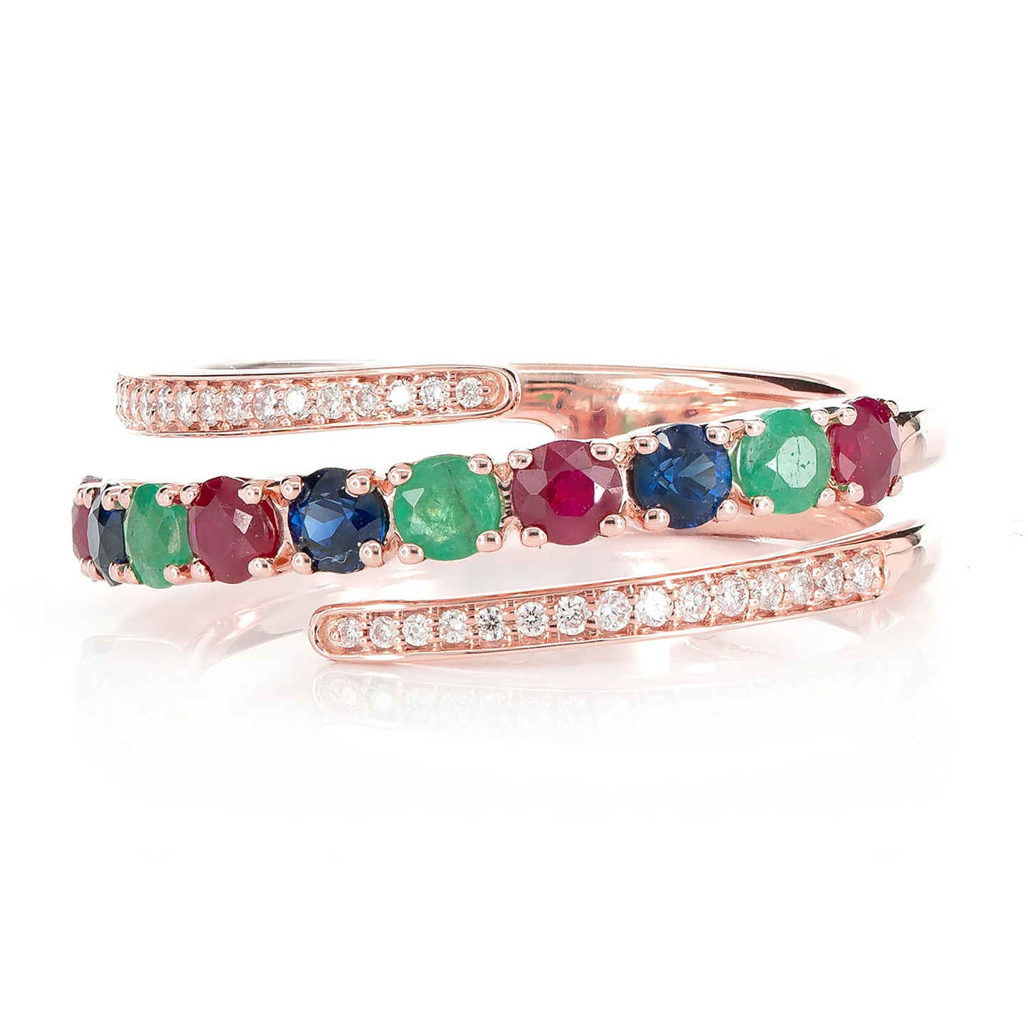 Tri Colored Gem and Diamond Semi Wrap Ring
