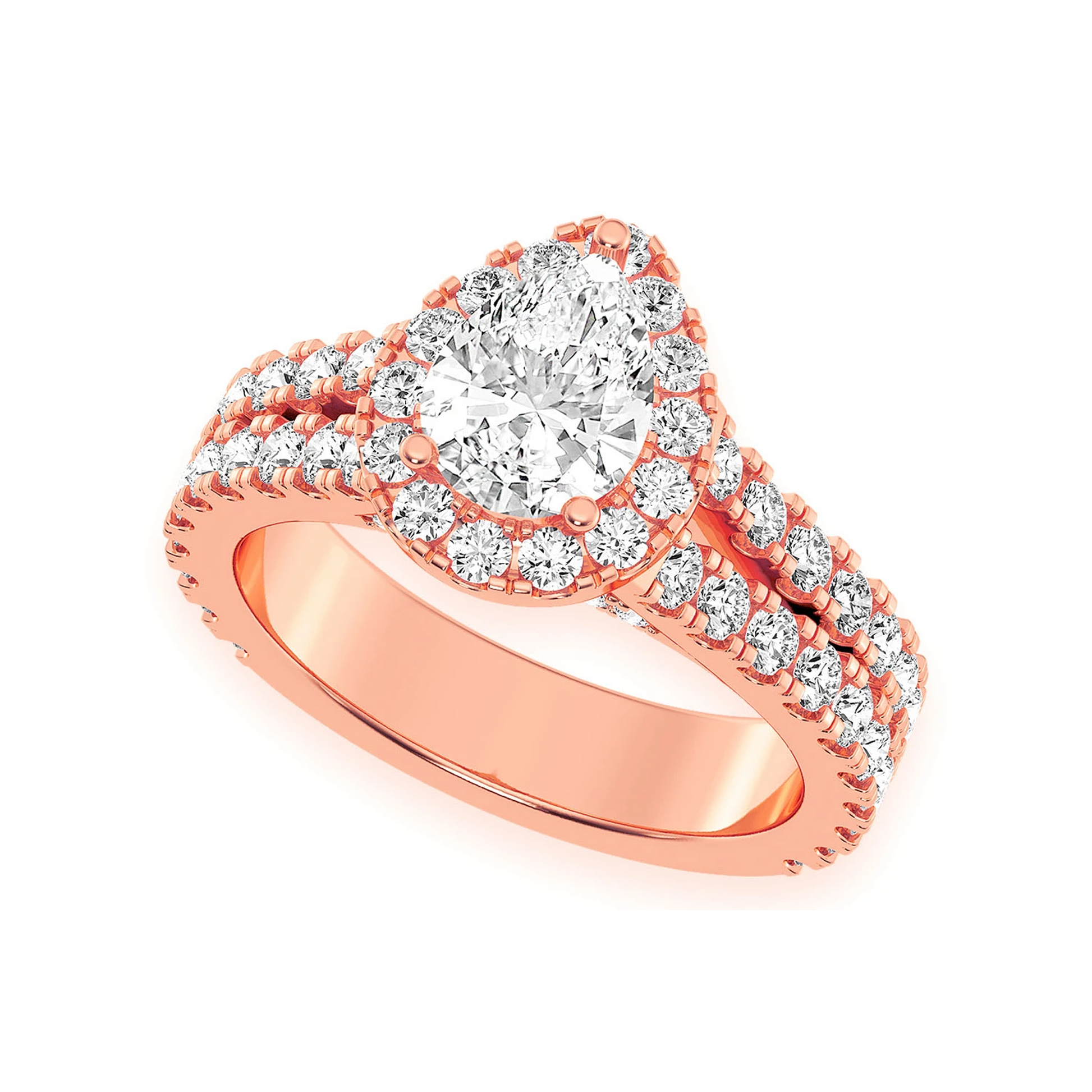 Pear Solitaire Two Row Split Scallop Ring in 14K rose gold, angled view