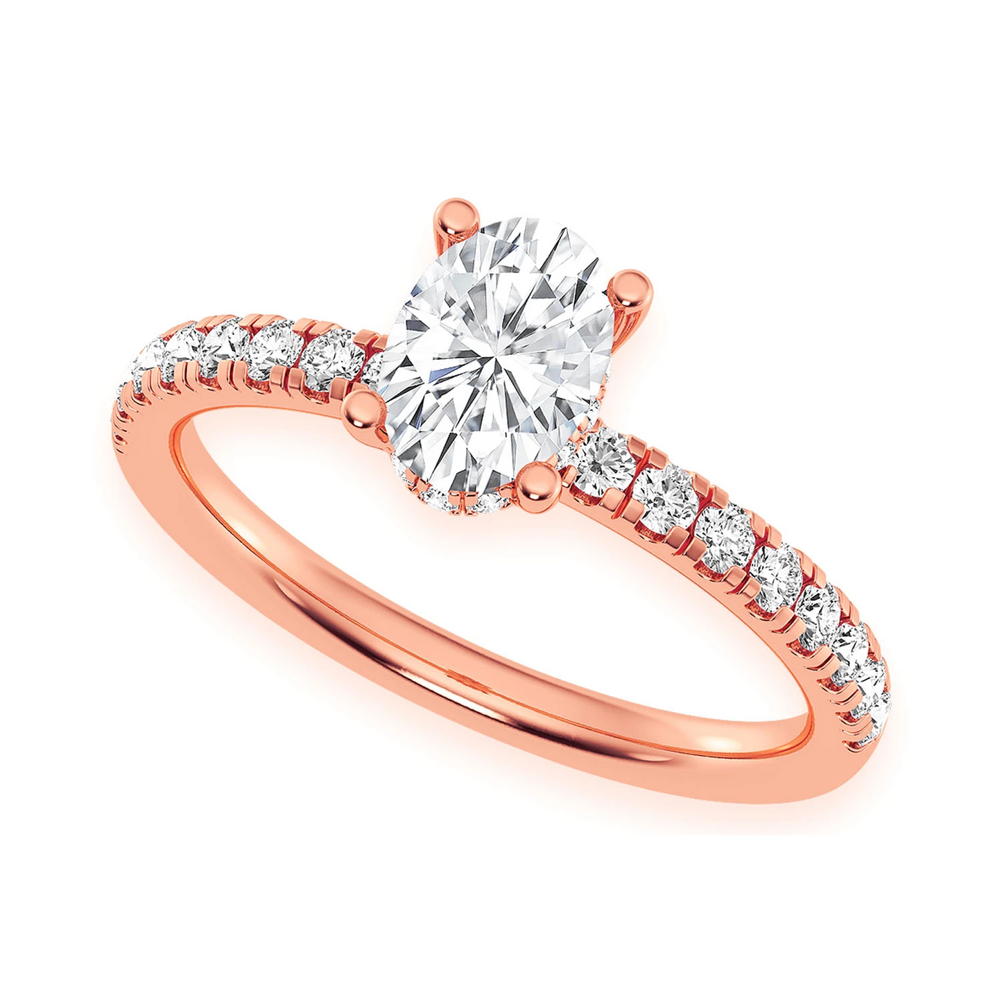 Oval Solitaire One Row Under Halo Ring in 14K rose gold, detail view