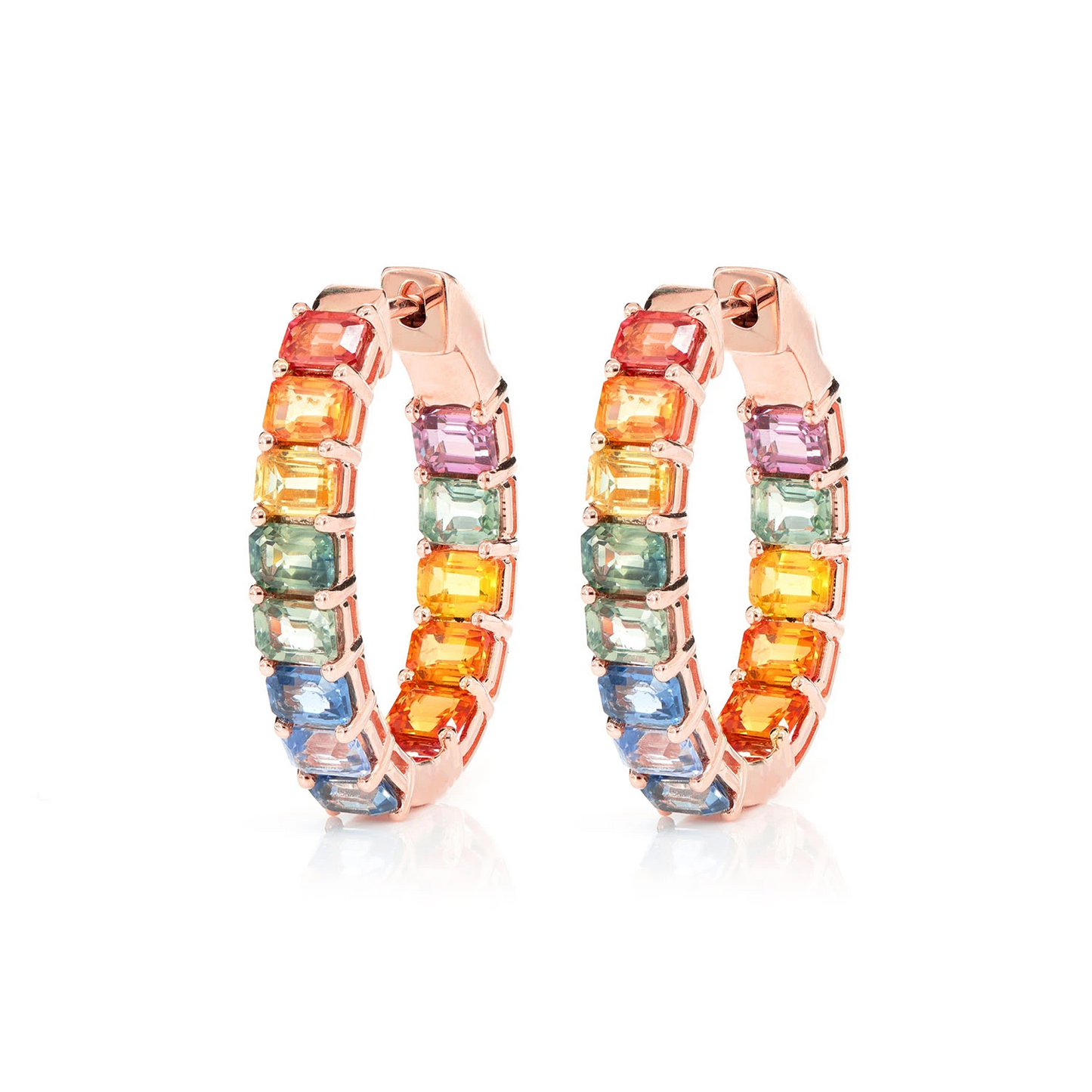 Rainbow Colored Sapphire Inside Outside Diamond Hoop Earrings