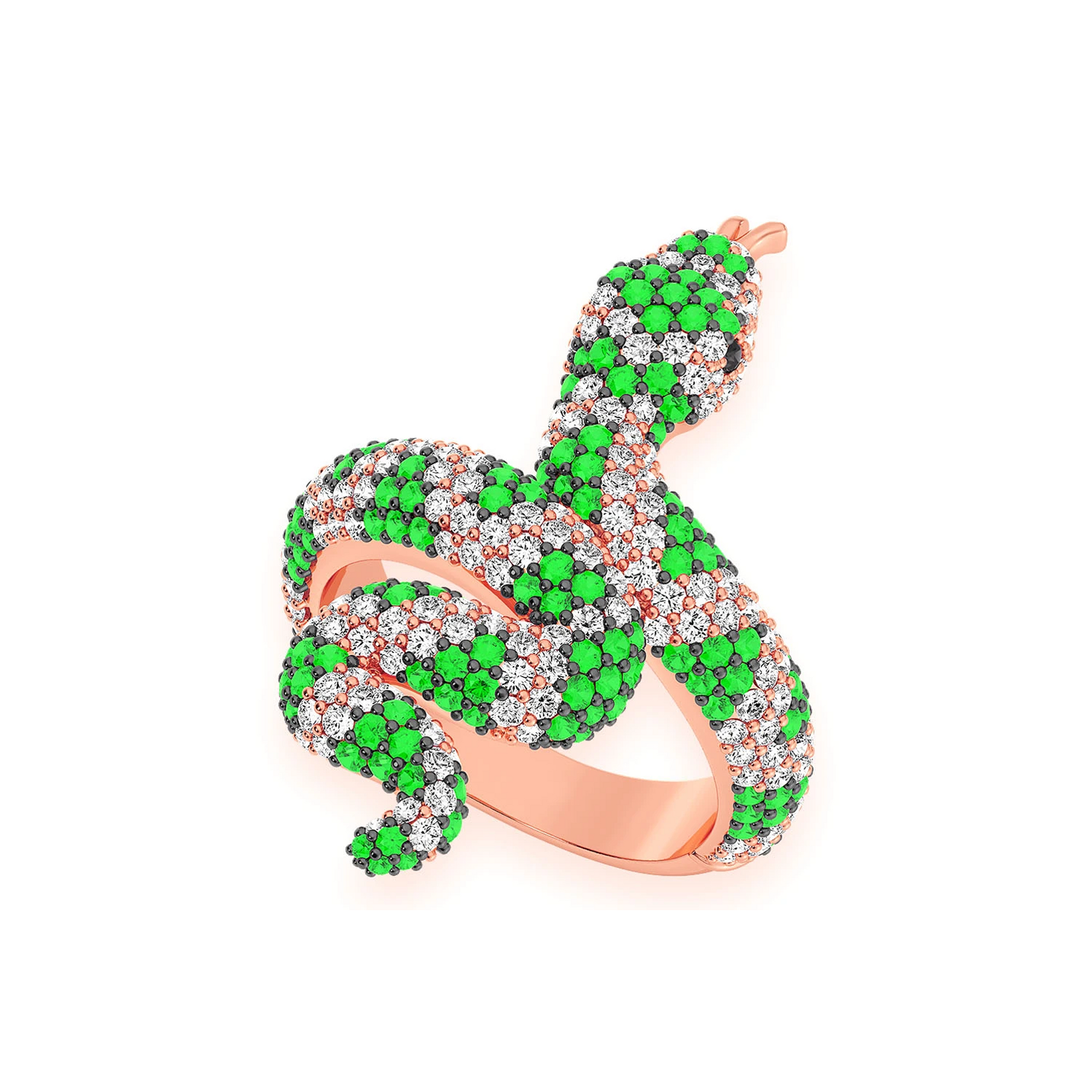 Snake Diamond Ring in 14K rose gold, Emerald, detail view