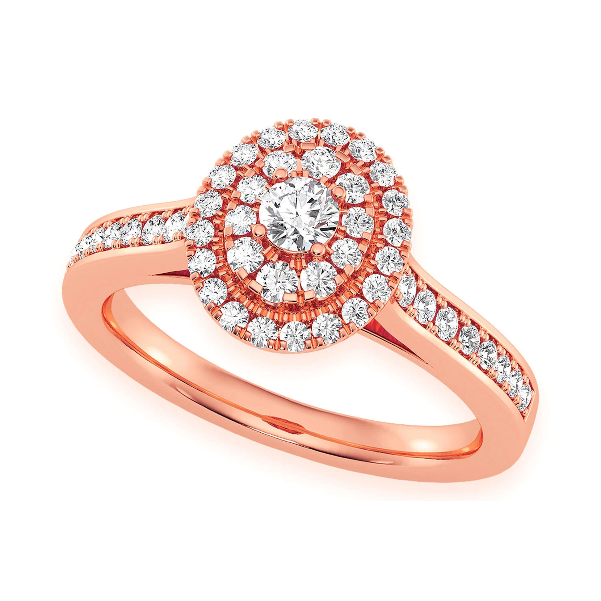 Layered Oval Diamond Engagement Ring in 14K rose gold, angled view