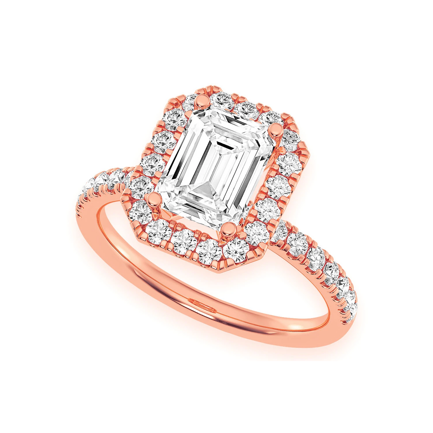 1ct Emerald Cut Scallop Halo Diamond Engagement Ring in 14K rose gold, angled view