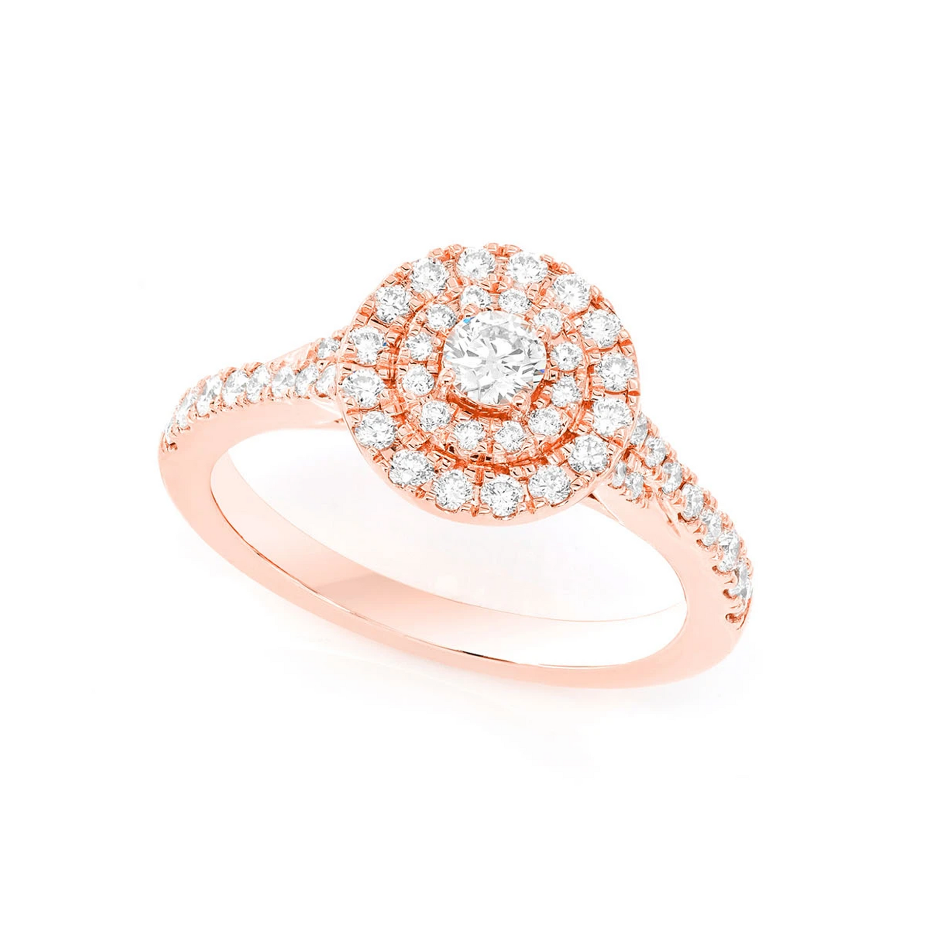Classic Round Double Halo Diamond Ring in 14K rose gold, angled view