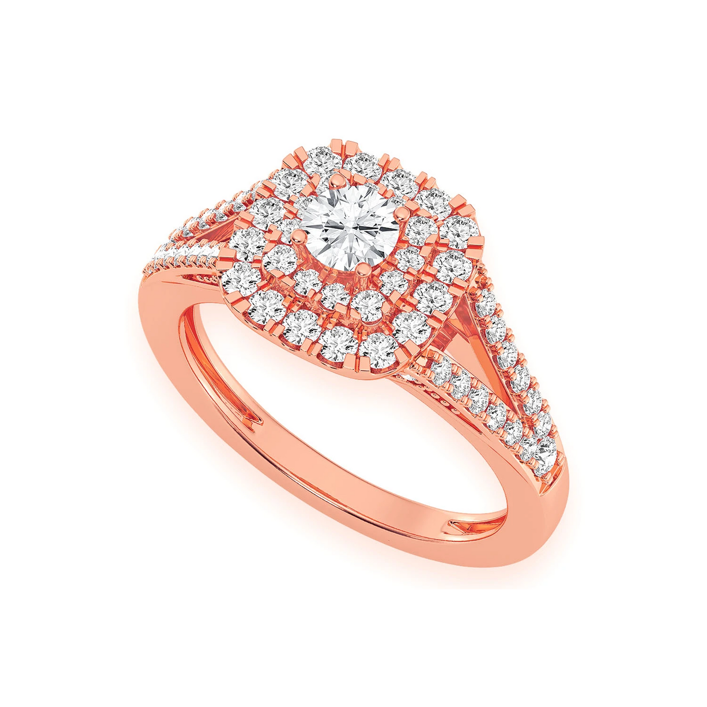 Cushion Double Halo Diamond Ring in 14K rose gold, angled view