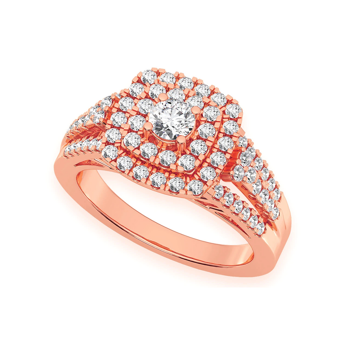 Princess Cut Double Halo Ring in 14K rose gold, angled view