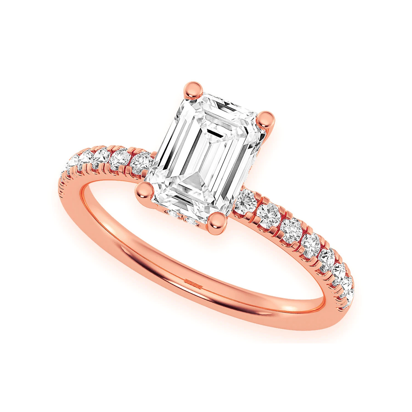 1ct Emerald Cut Under Halo Diamond Ring in 14K rose gold, detail view