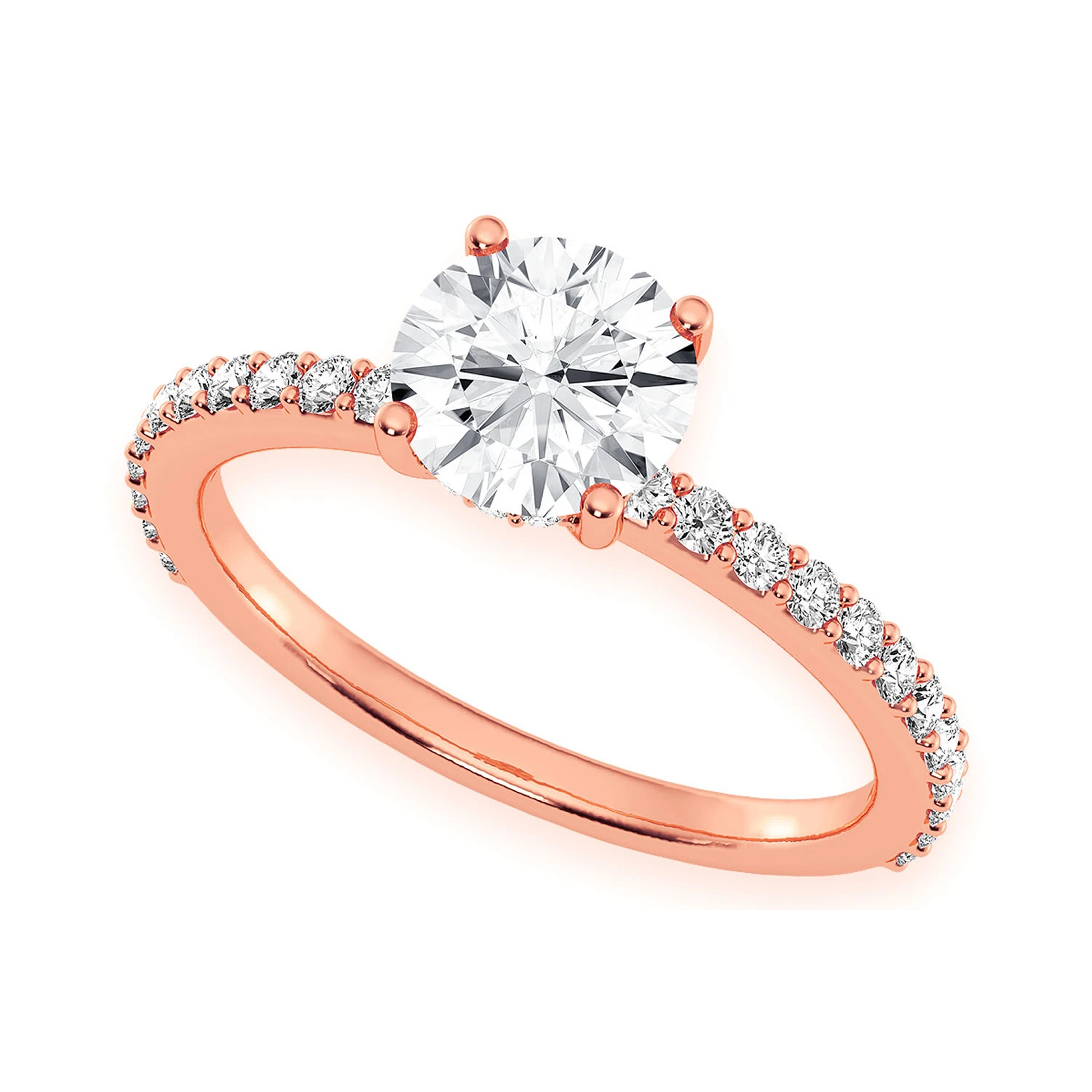 1ct Round Halo Diamond Engagement Ring in 14K rose gold, angled view