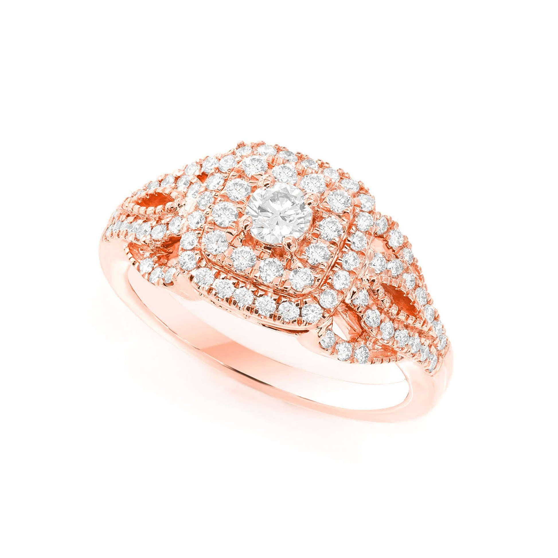 Fancy Shank Cushion Double Halo Ring in 14K rose gold, angled view