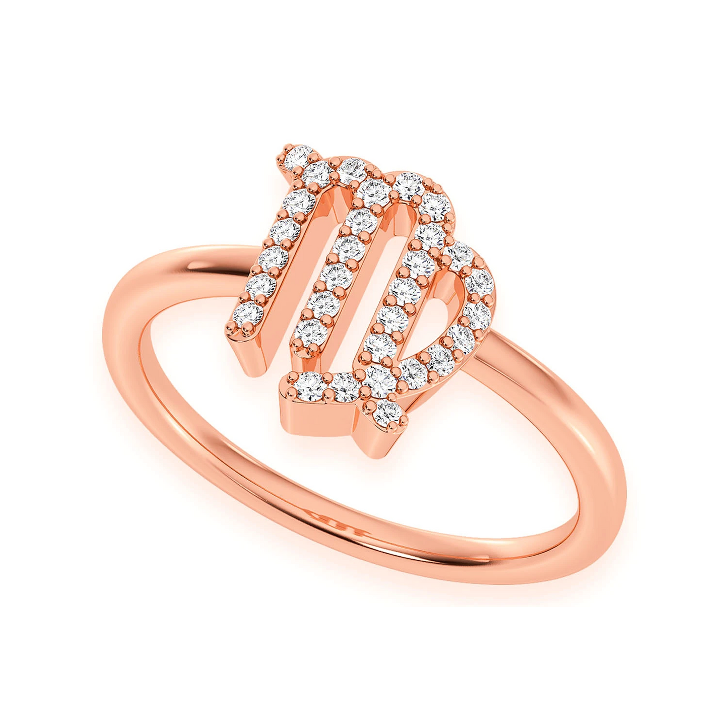 Zodiac Diamond Ring in 14K rose gold, Virgo design, angled view