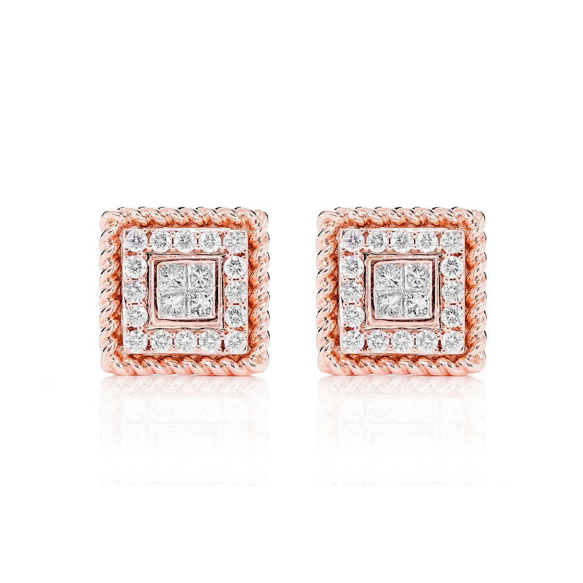 Quad Center Diamond Halo Rope Border Stud Earrings