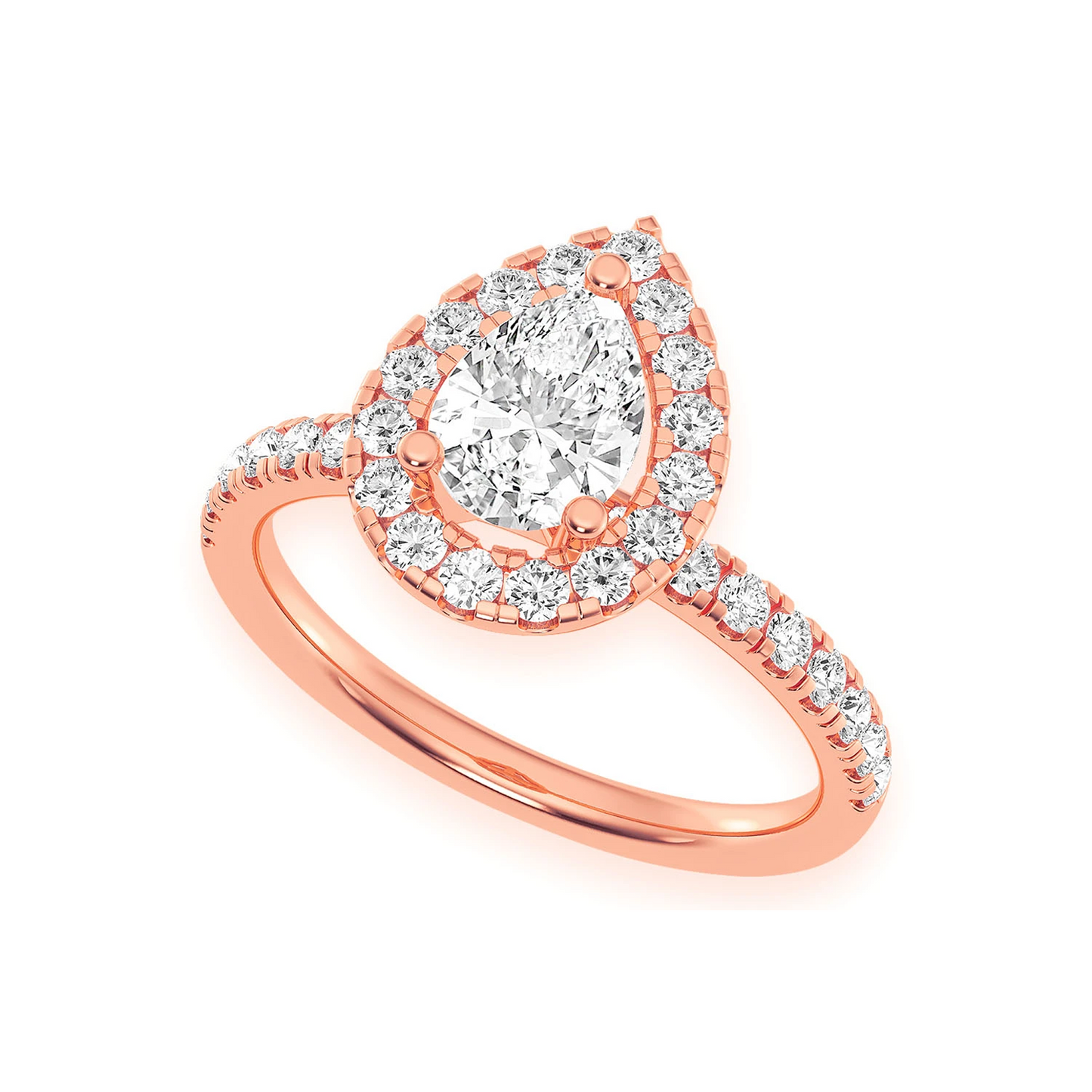 Pear Scallop Halo One Row Diamond Ring in 14K rose gold, angled view
