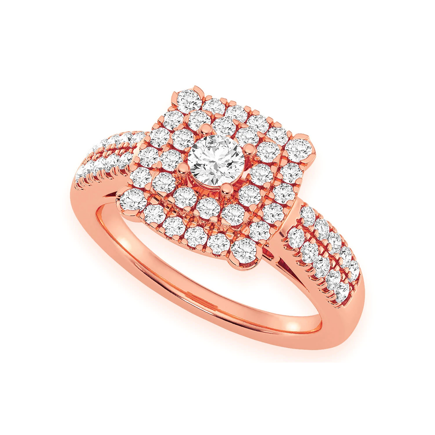 Square Double Halo Diamond Ring in 14K rose gold, angled view