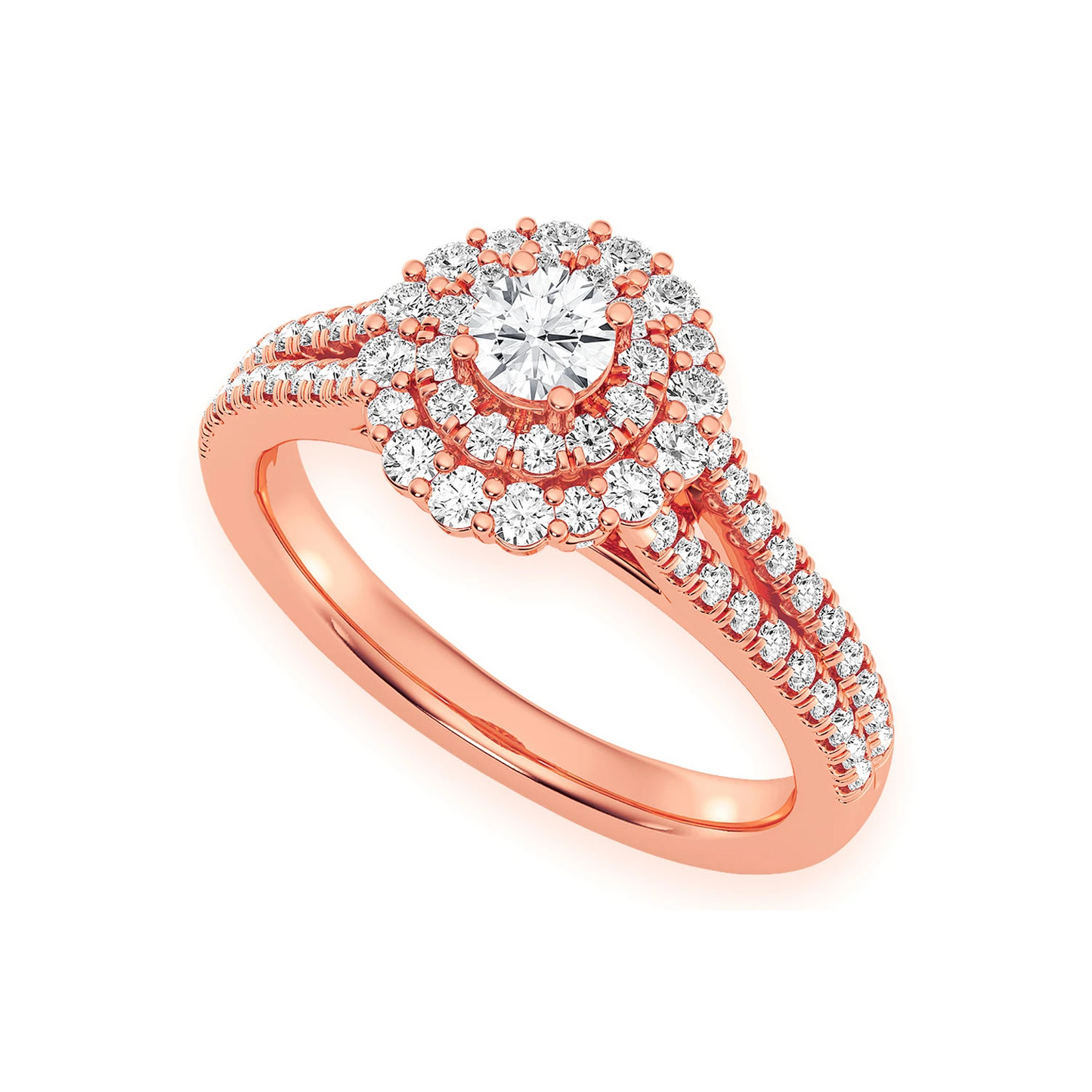 Split Shank Round Double Halo Ring in 14K rose gold, angled view