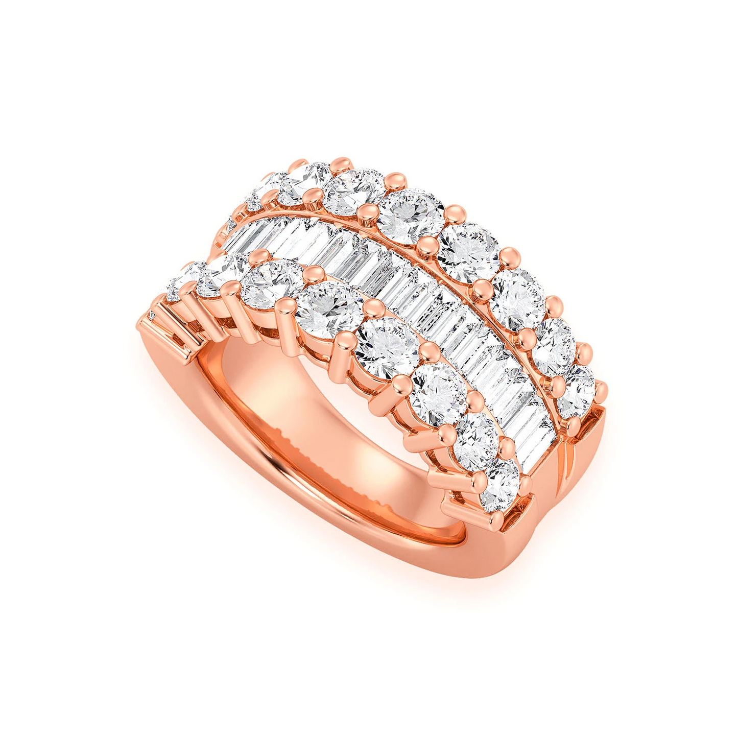 Single Row Baguette Diamond Band Ring in 14K rose gold, angled view
