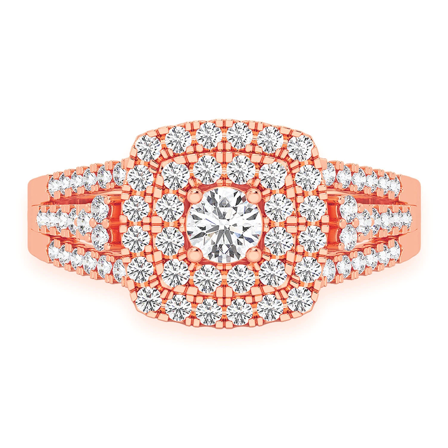 Princess Cut Double Halo Ring in 14K rose gold, front view