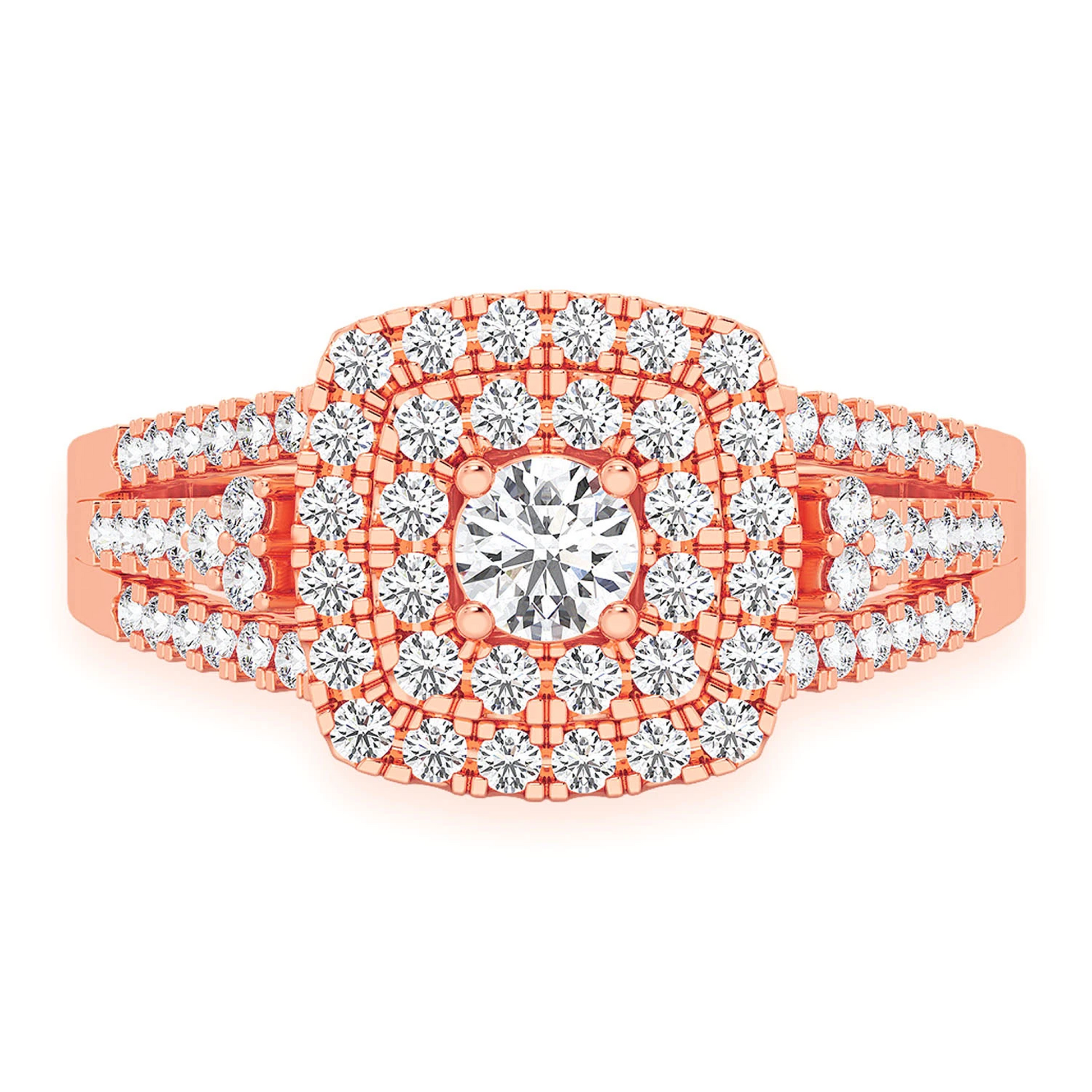 Princess Cut Double Halo Ring in 14K rose gold, front view