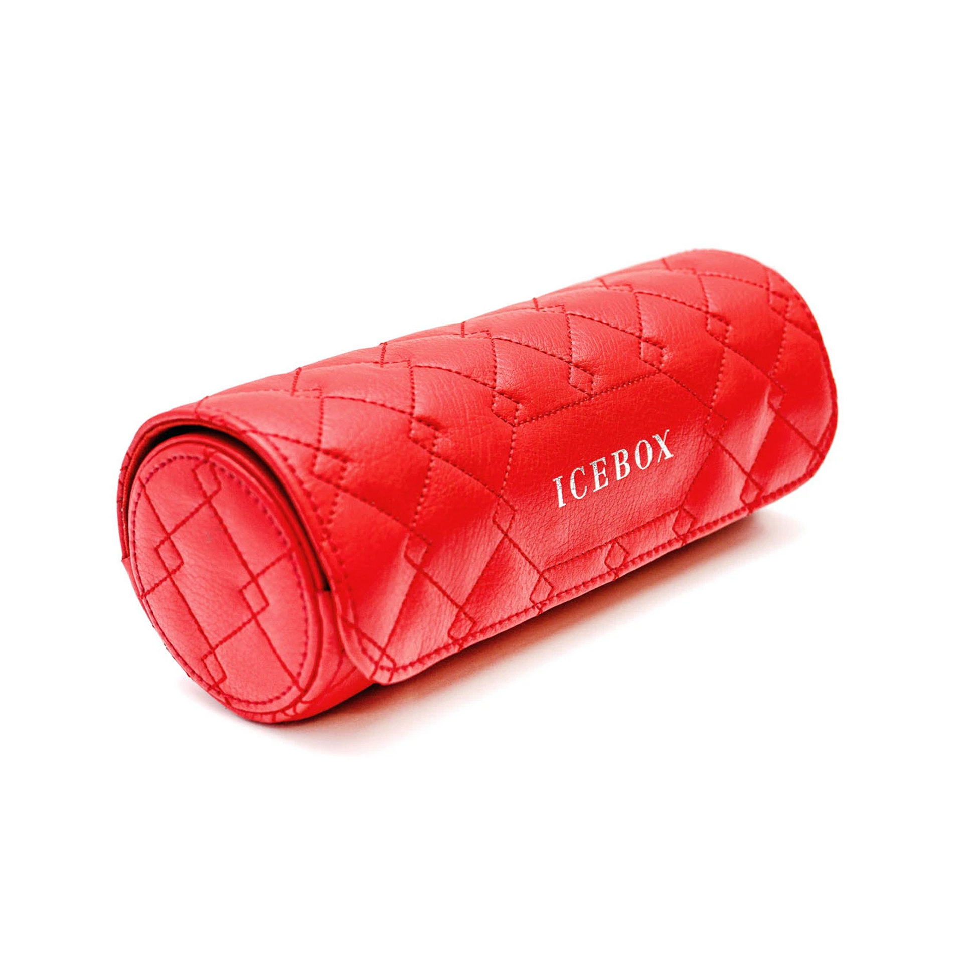 Icebox Leather Three Watch Roll in red, exterior view