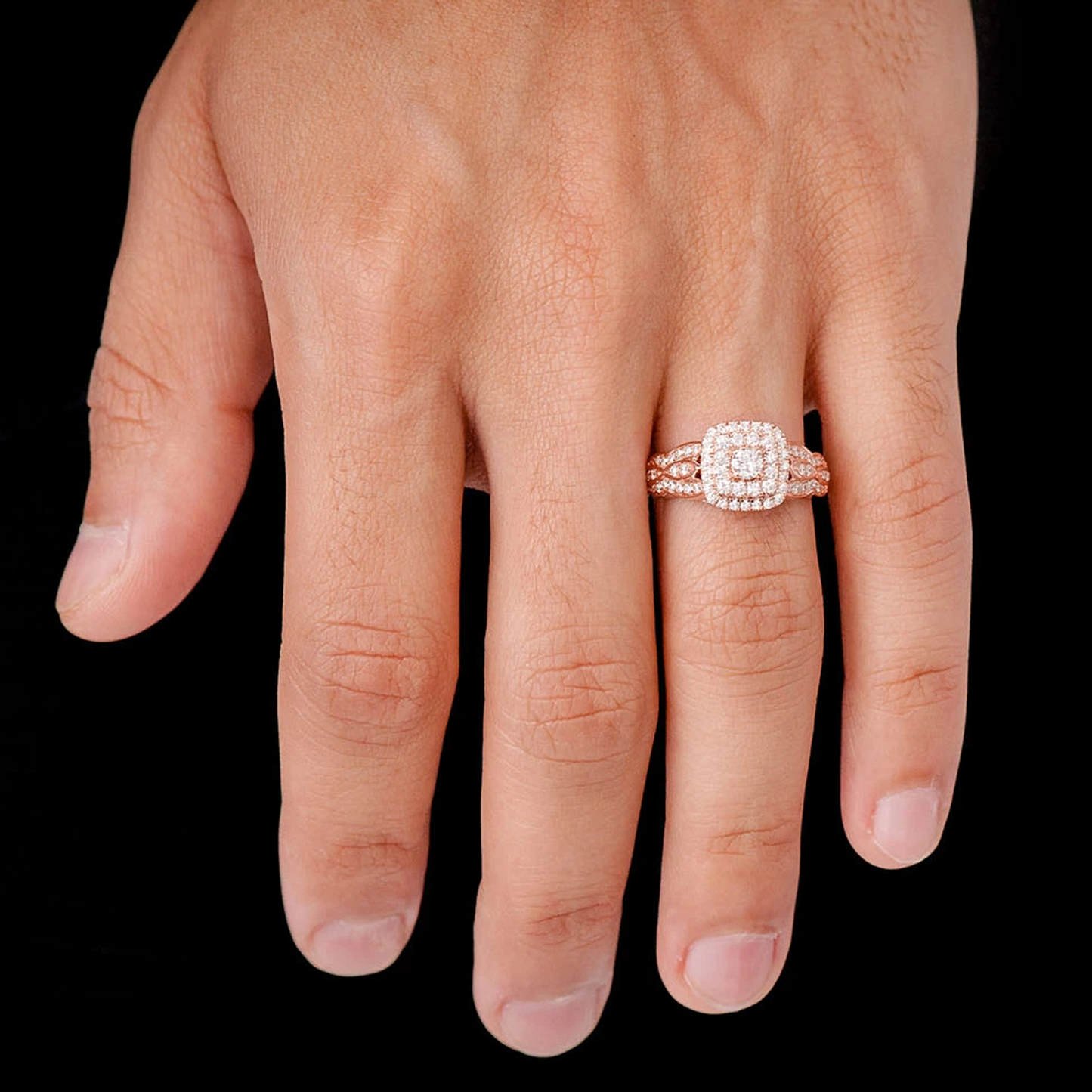 Triple Layer Square Halo Diamond Ring in 14K rose gold, angled view