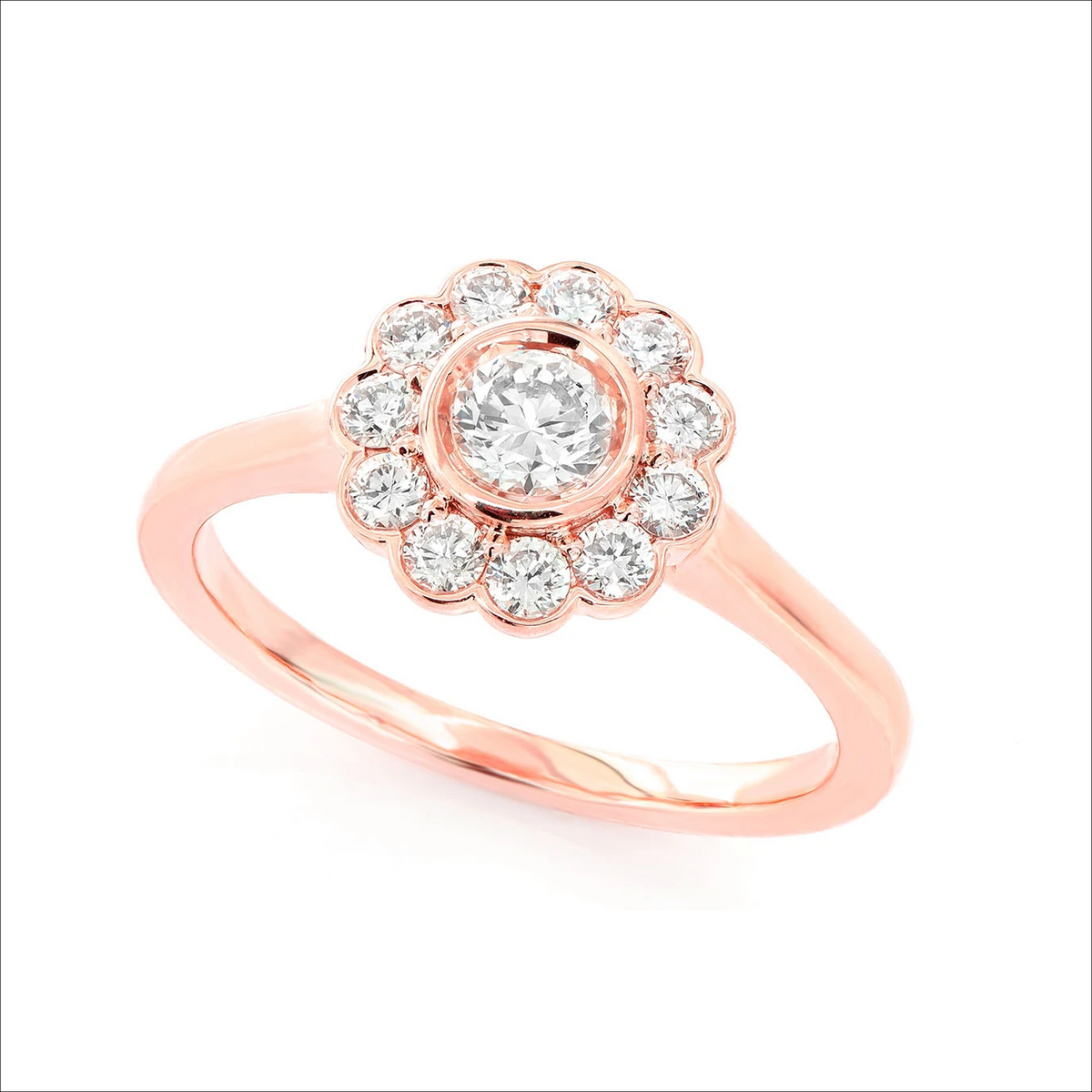 Flower bezel halo diamond ring in 14K rose gold, angled view