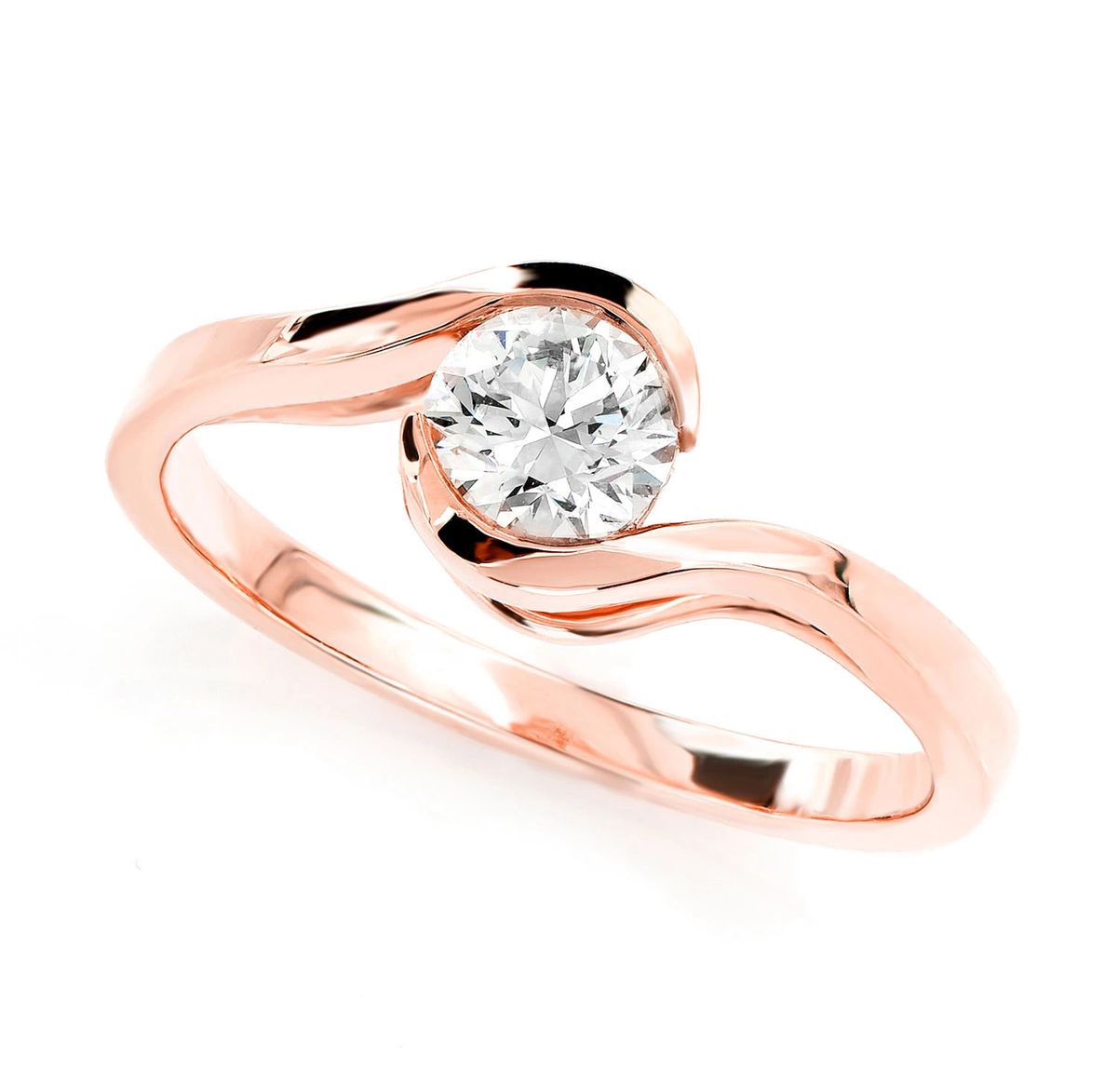 Bypass solitaire engagement ring in 14K rose gold, angled view