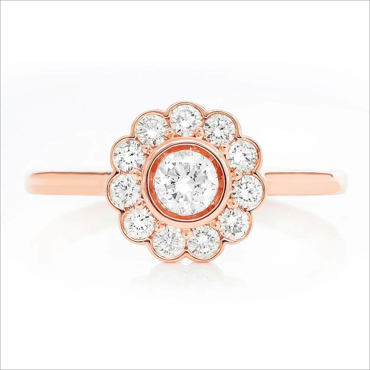 Flower bezel halo diamond ring in 14K rose gold, front view
