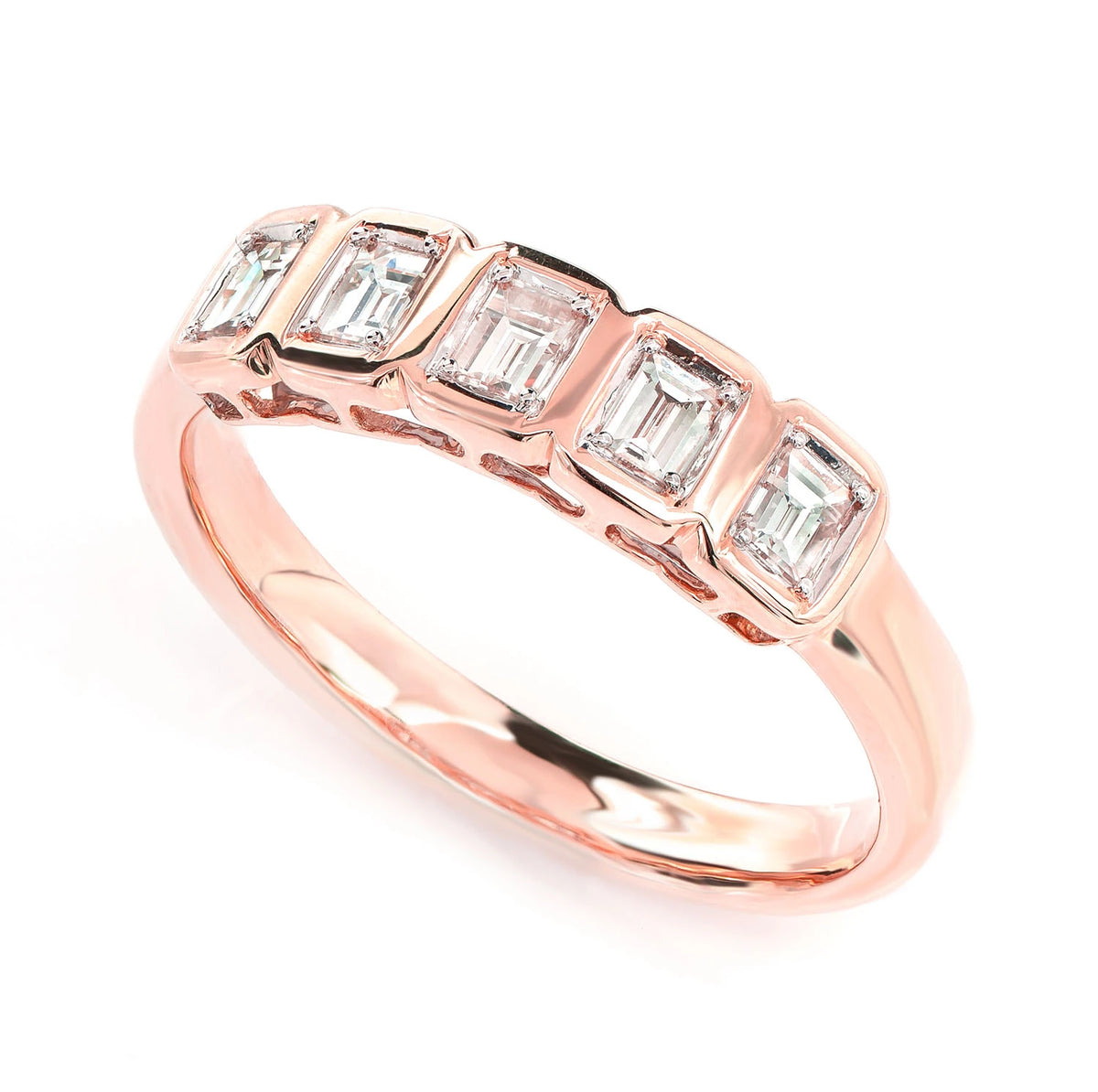 5 Stone Baguette Bezel Ring 14k in rose gold, front view