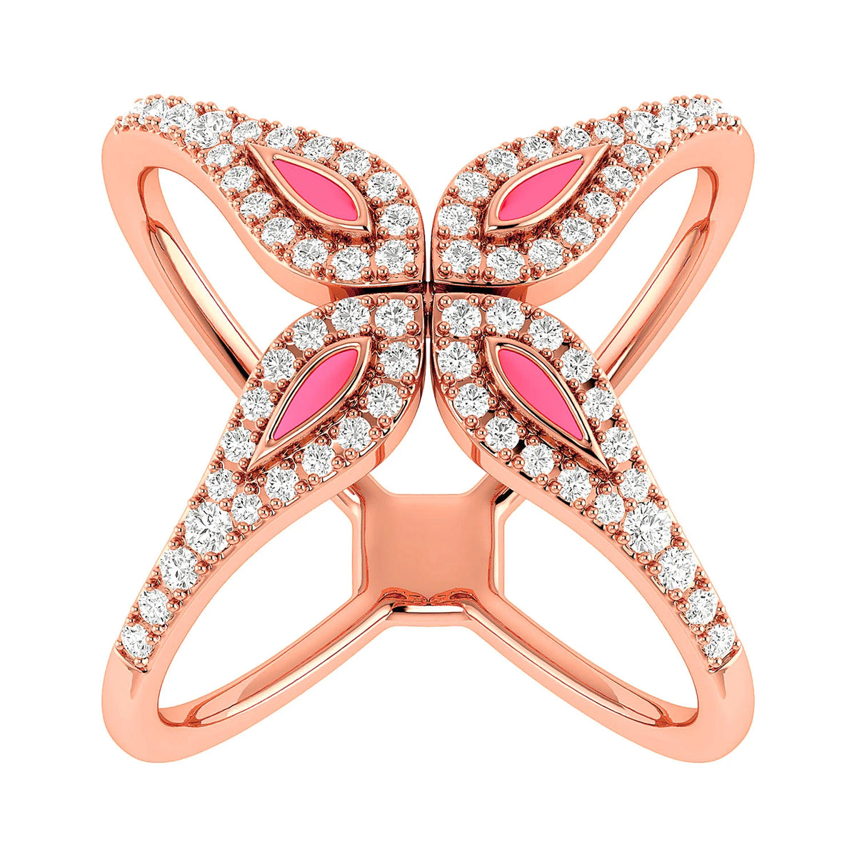 Criss-Cross Pink Enamel Diamond Ring 14k in rose gold, front view