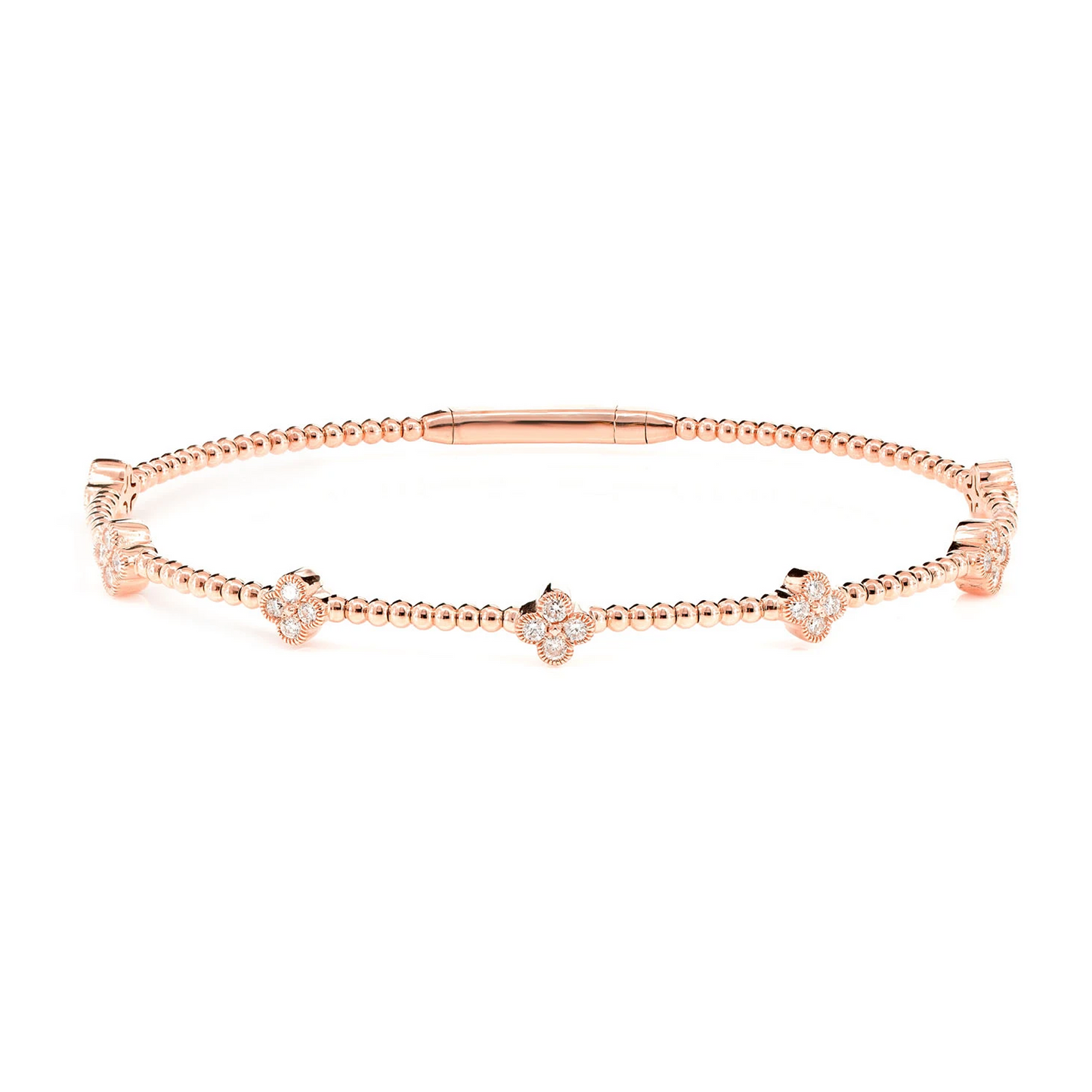 Milgrain Clover Diamond Flex Bangle Bracelet in 14K rose gold, 0.45ctw, front view
