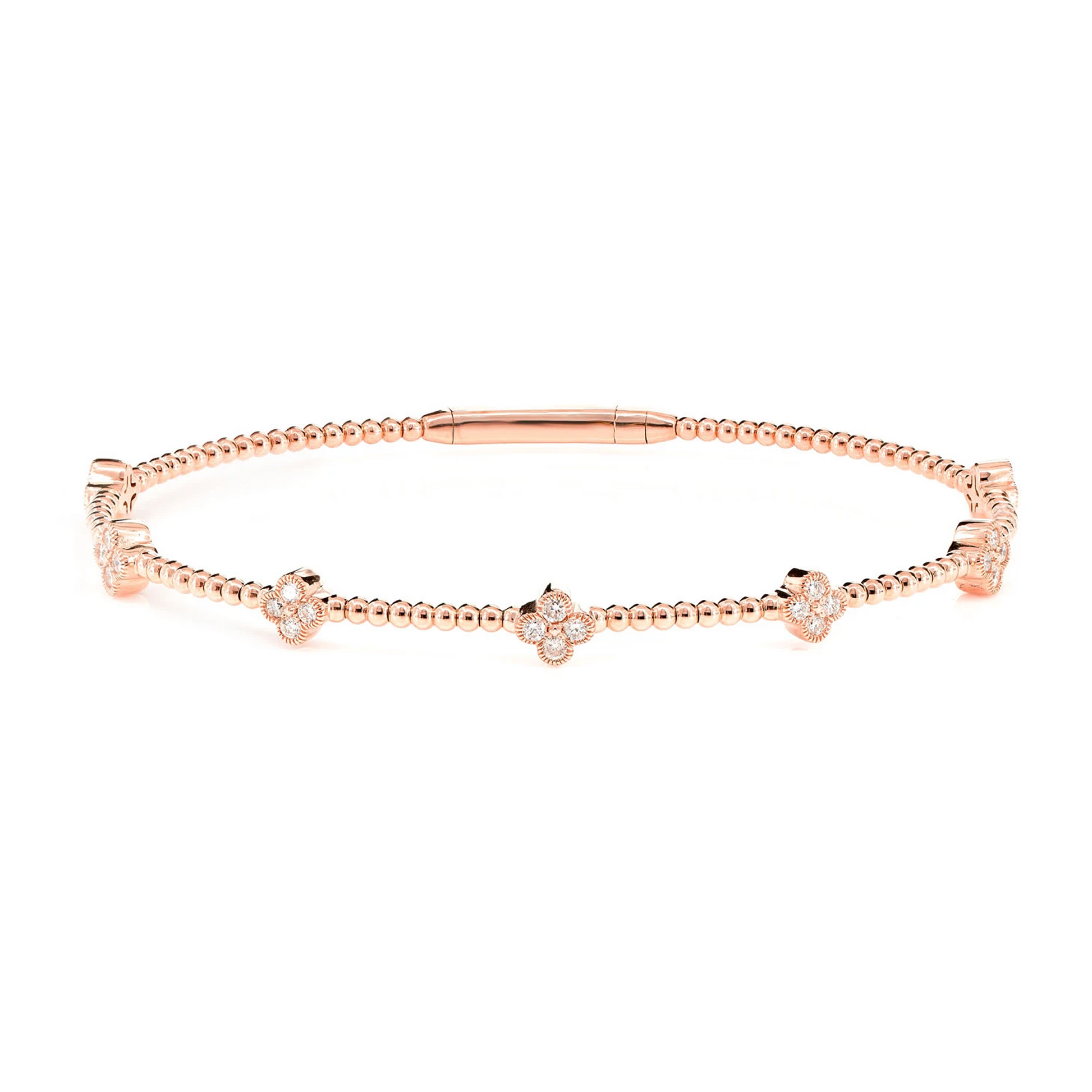 Milgrain Clover Diamond Flex Bangle Bracelet in 14K rose gold, 0.45ctw, front view