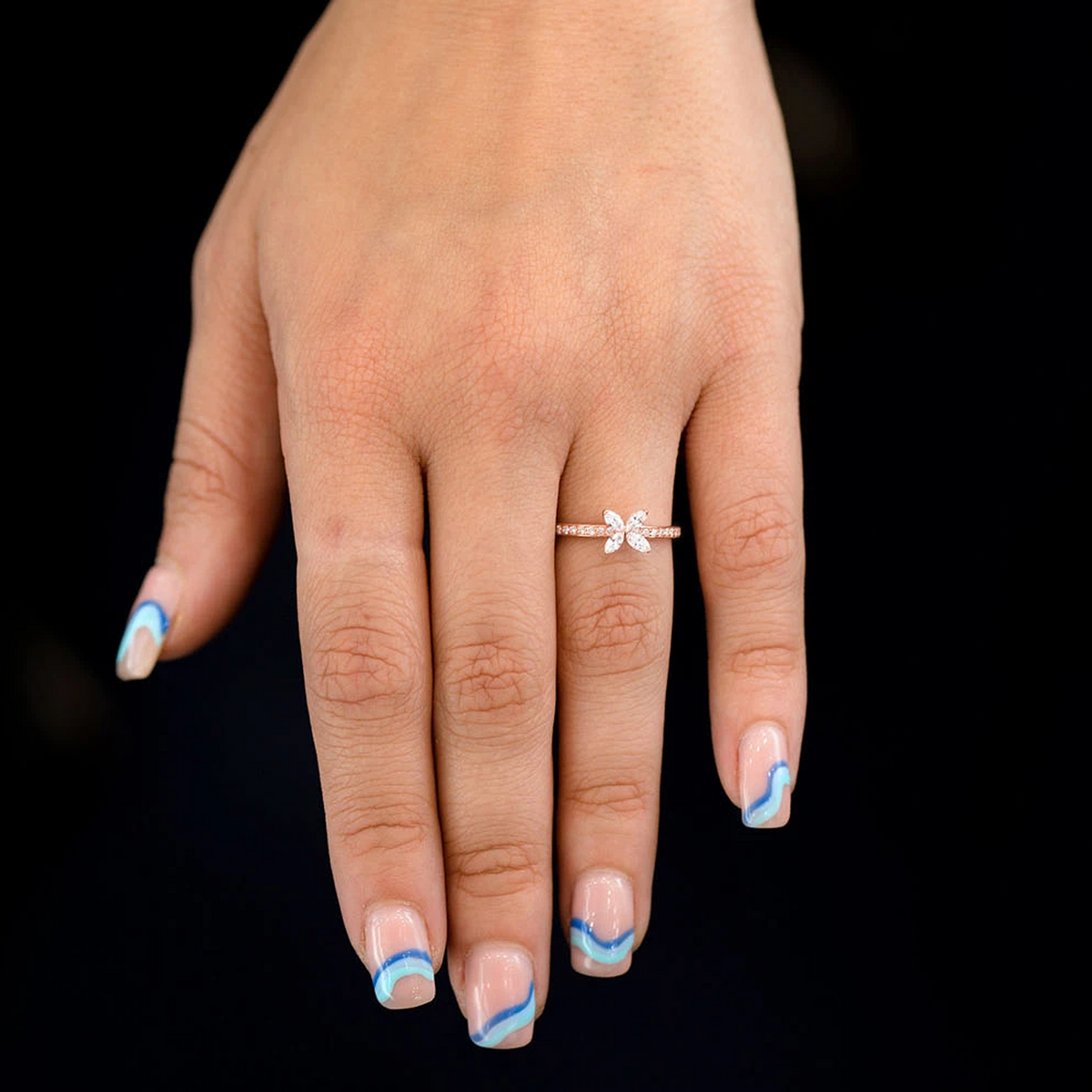 Marquise Flower Diamond Ring 14k in rose gold, worn on hand