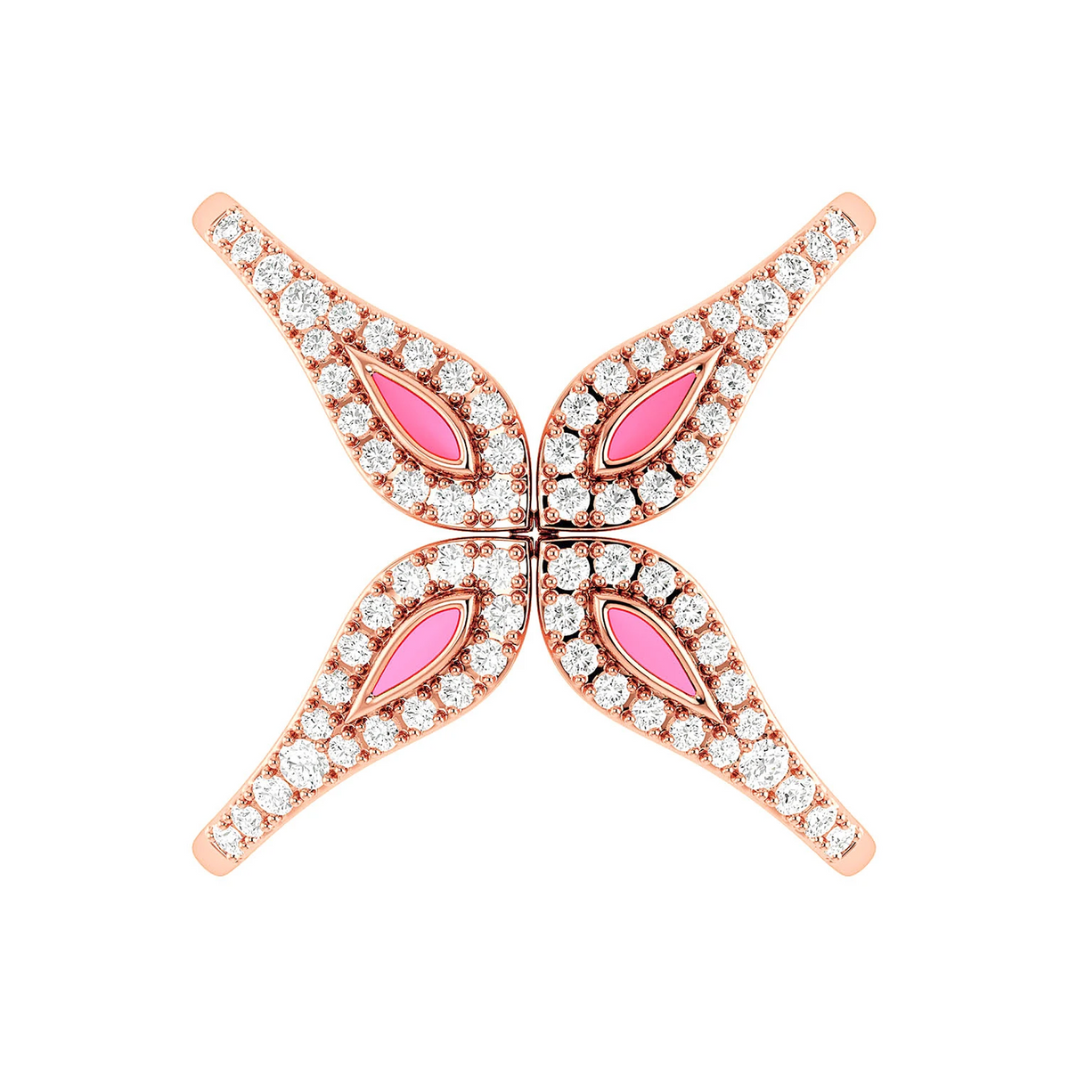 Criss-Cross Pink Enamel Diamond Ring 14k in rose gold, worn on hand