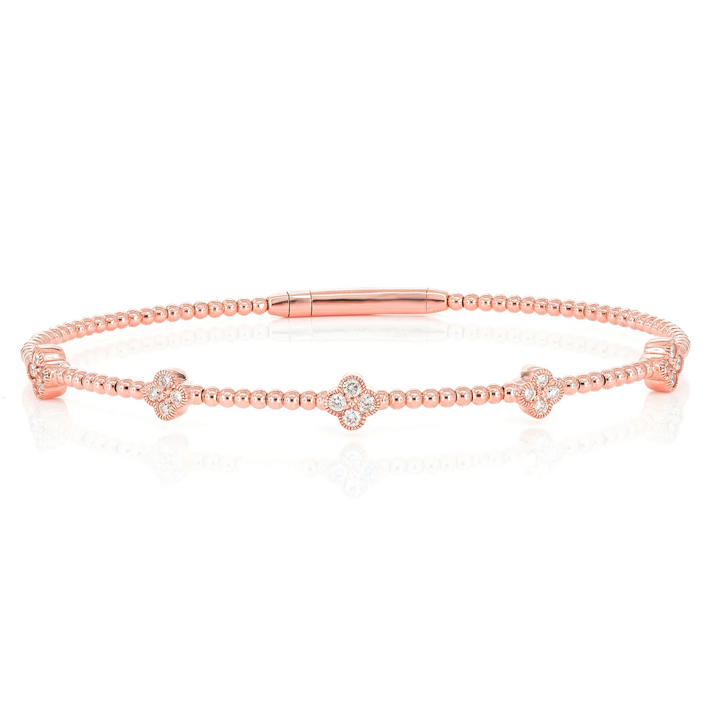 Milgrain Clover Diamond Flex Bangle Bracelet in 14K rose gold, 0.33ctw, front view