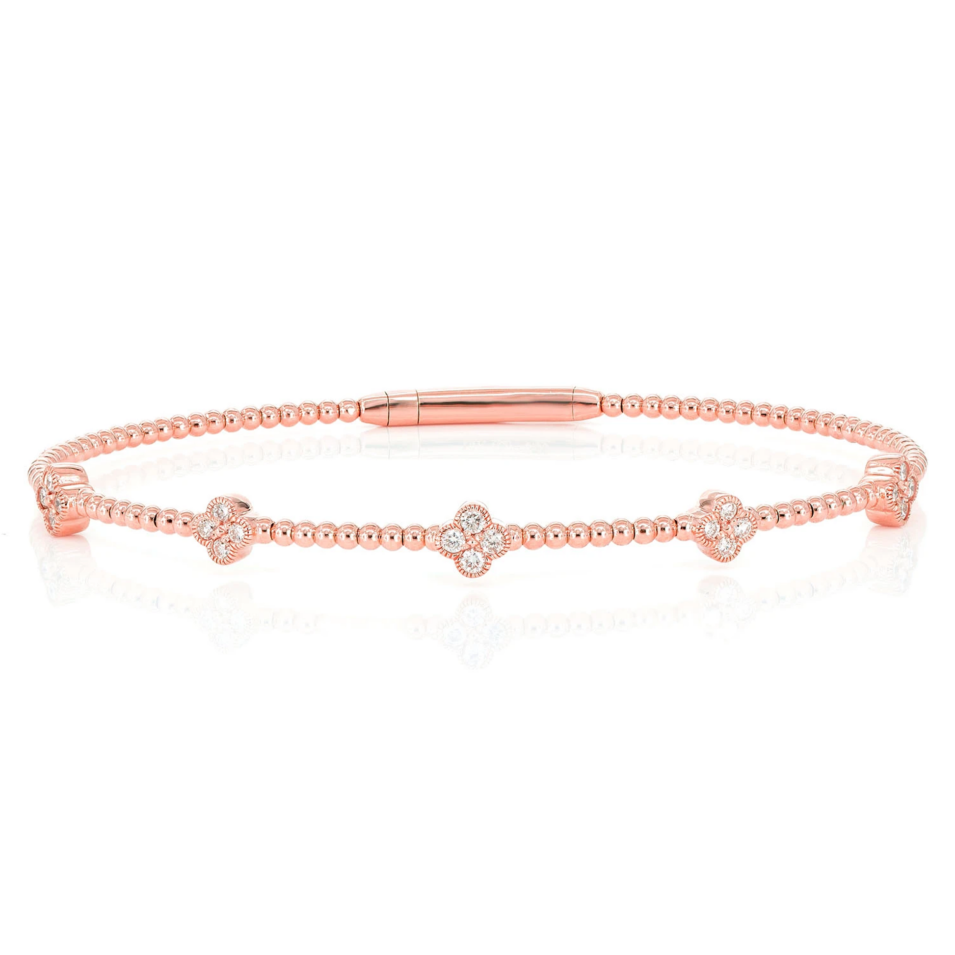 Milgrain Clover Diamond Flex Bangle Bracelet in 14K rose gold, 0.33ctw, front view
