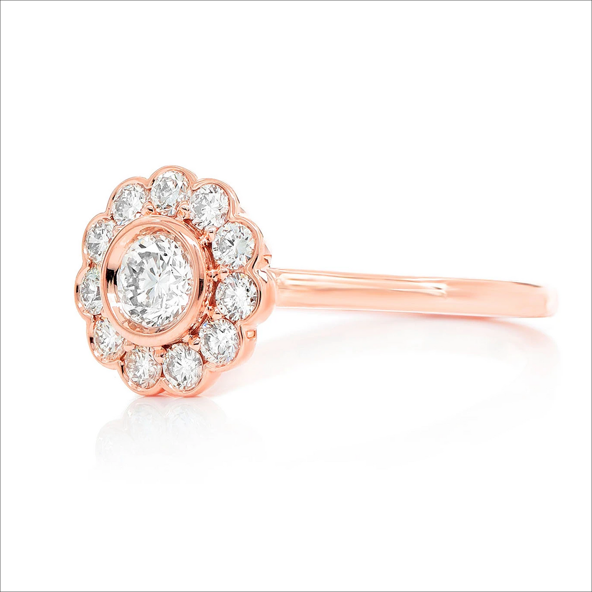 Flower bezel halo diamond ring in 14K rose gold, side view